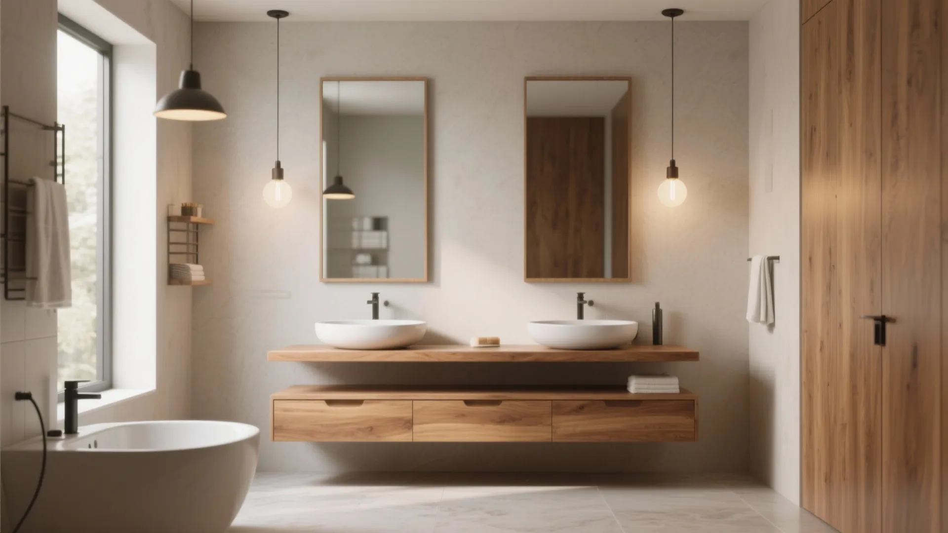 Double sink bathroom vanity with two mirrors hanging light fixtures wooden cabinet and white round bathtub