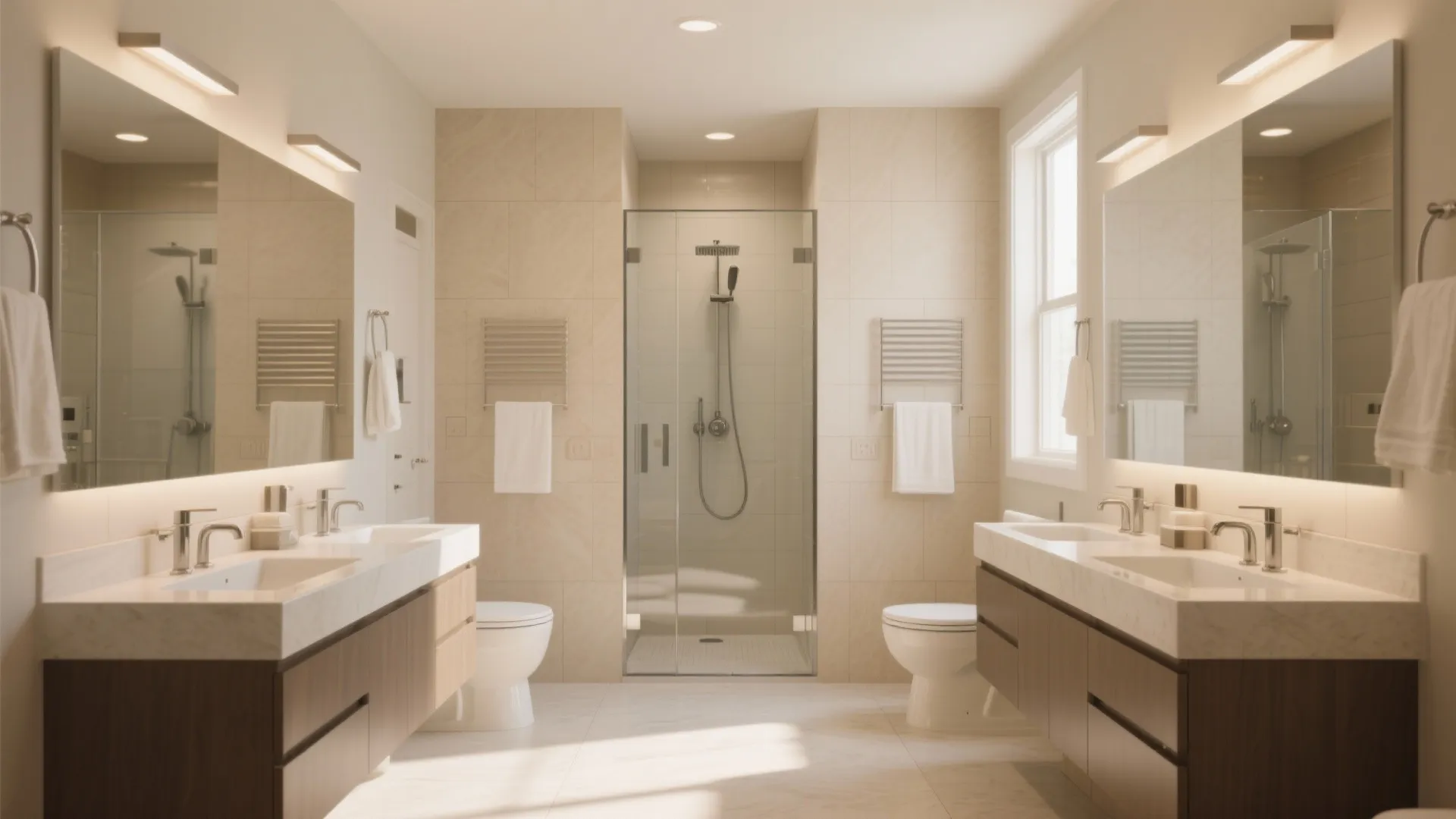 8x10 bathroom with central shower and double vanity