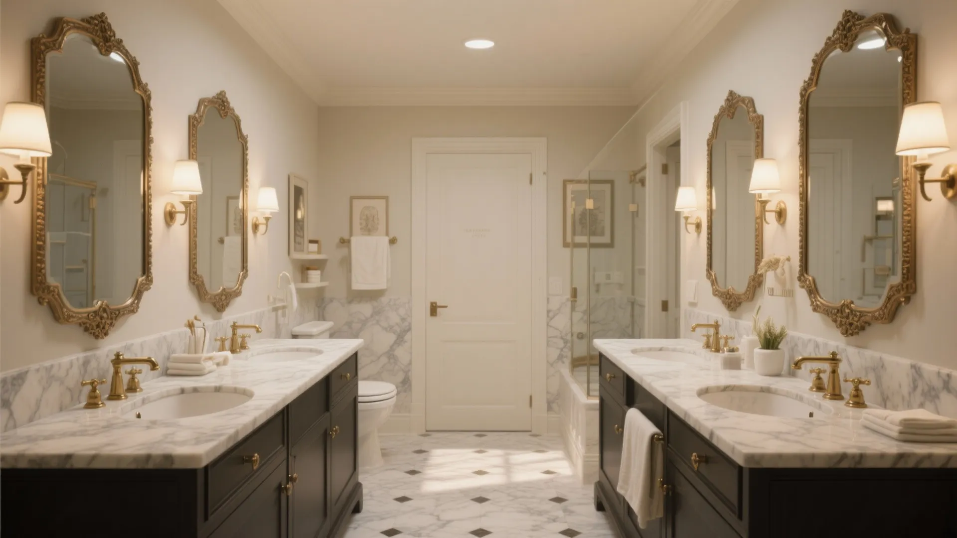Large bathroom with double dark cabinets marble countertops gold mirrors wall lights and white tiled floor