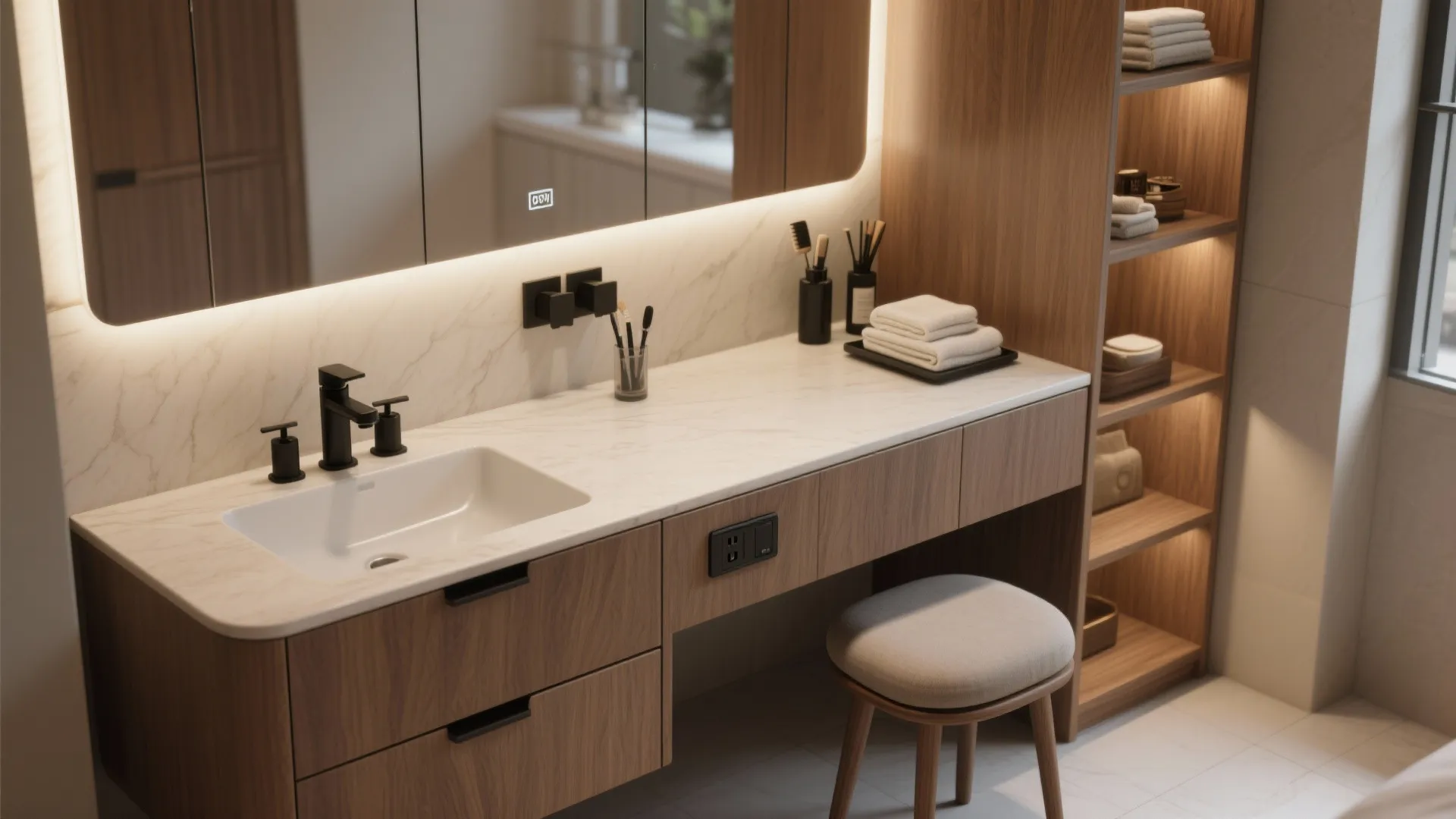 Shallow double vanity with one sink and a dressing counter, LED mirror and integrated pop-up outlet