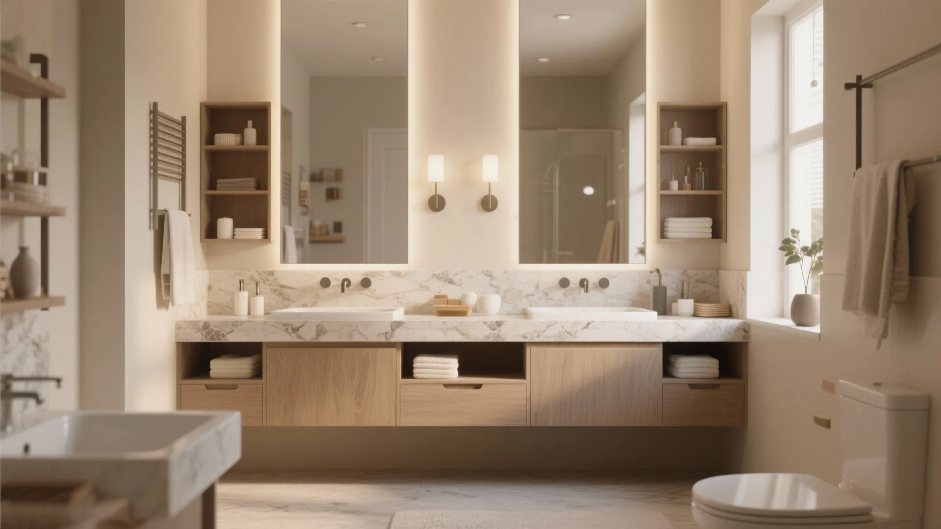 Double bathroom sink with marble countertop wooden cabinets tall mirrors and soft warm wall lighting