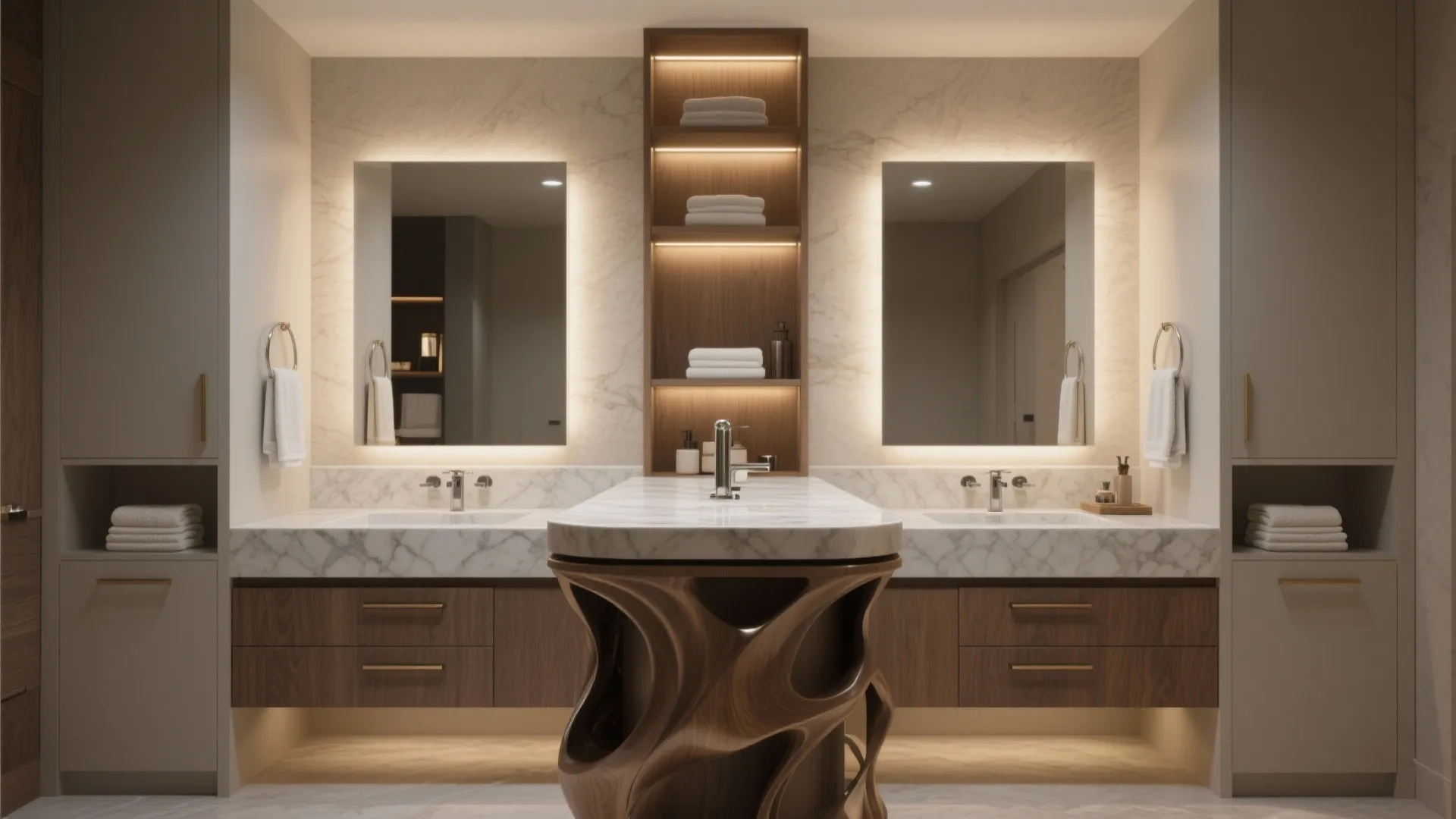 2. Double Vanities with Built-In Storage Islands