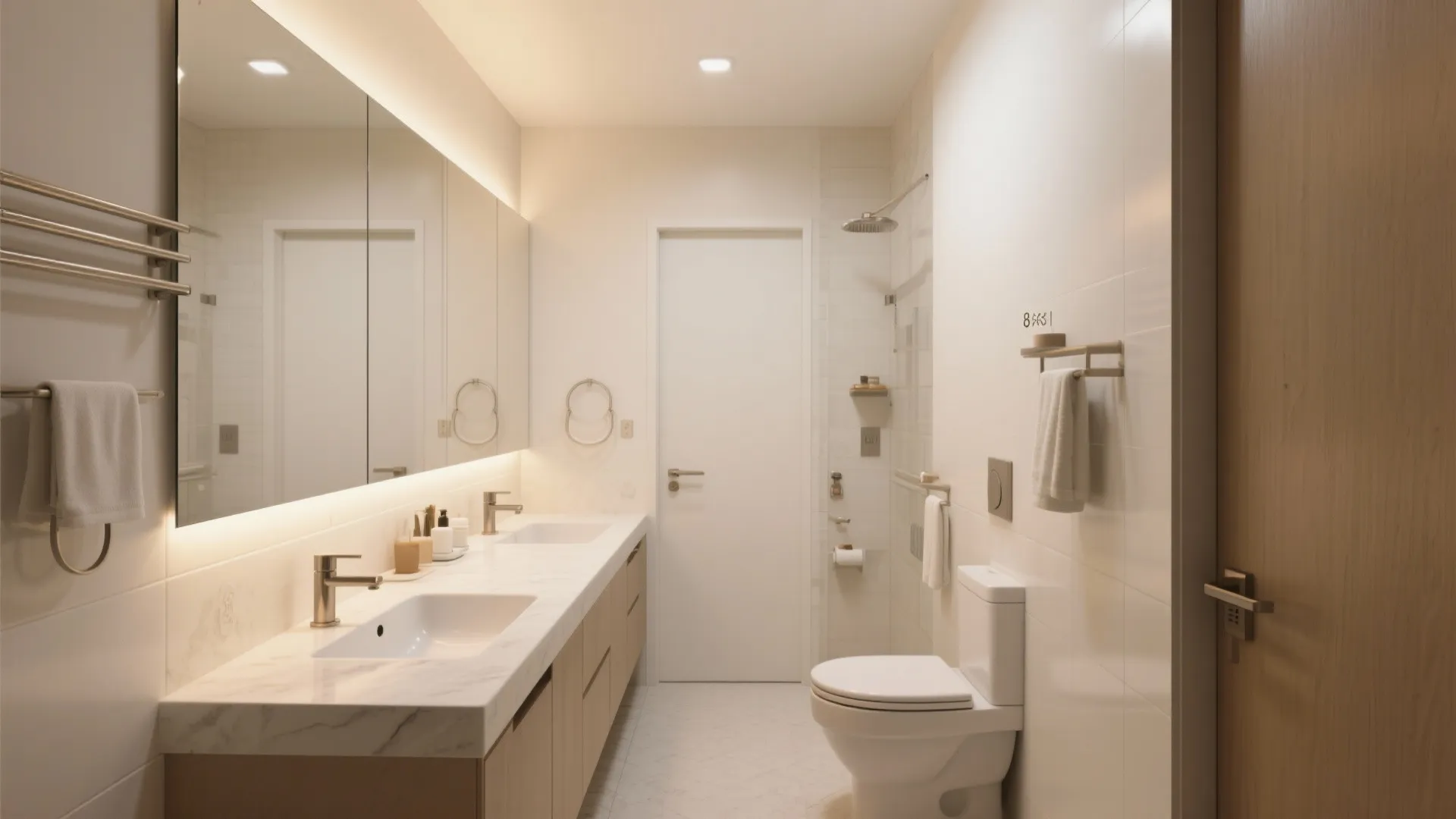 An 8x8 bathroom with a slim double vanity and modern fixtures