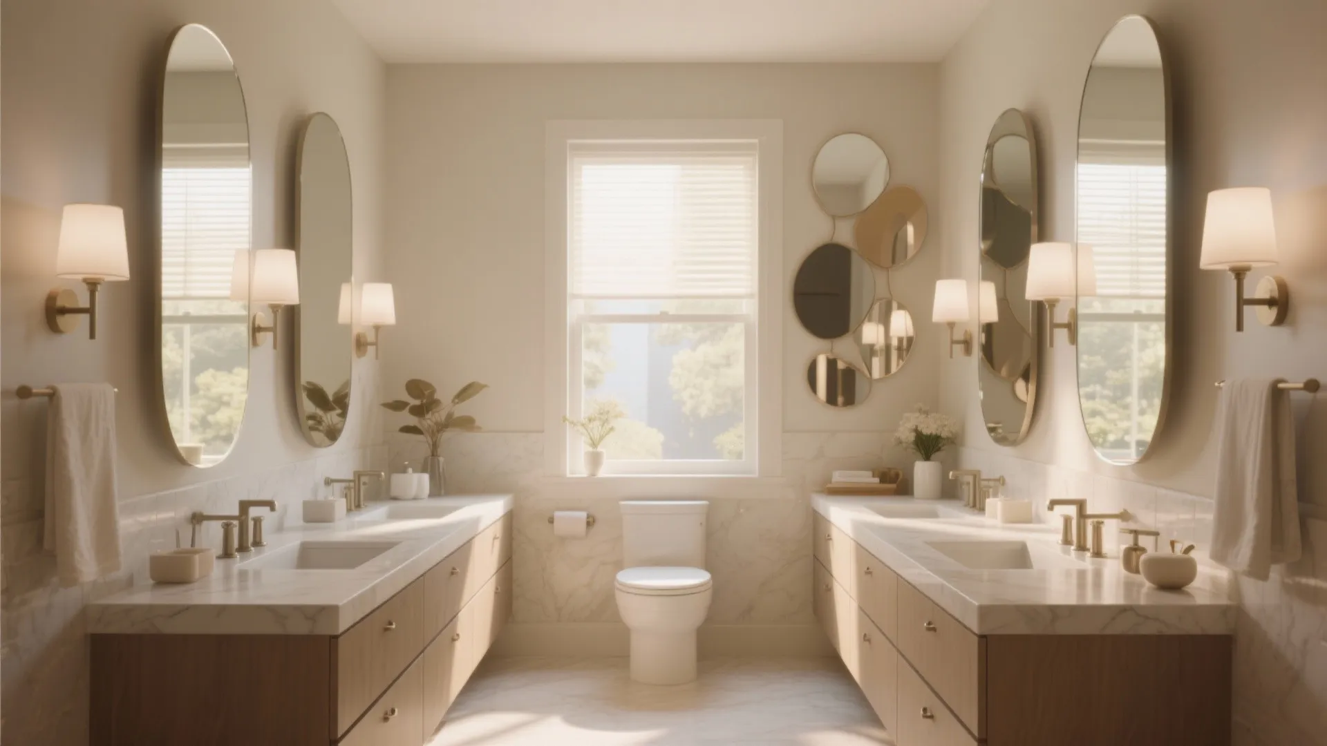 Bright bathroom with two wooden vanities oval mirrors a white toilet and window with blinds