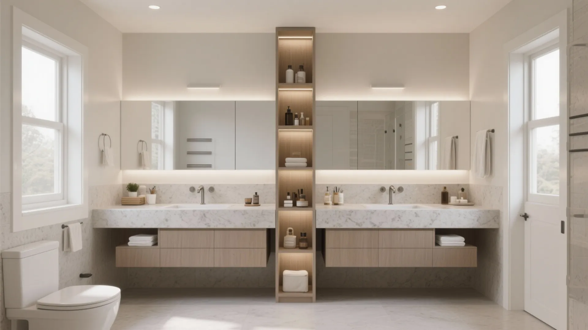 Spacious bathroom with double sinks and large mirrors separated by a tall wooden open storage cabinet
