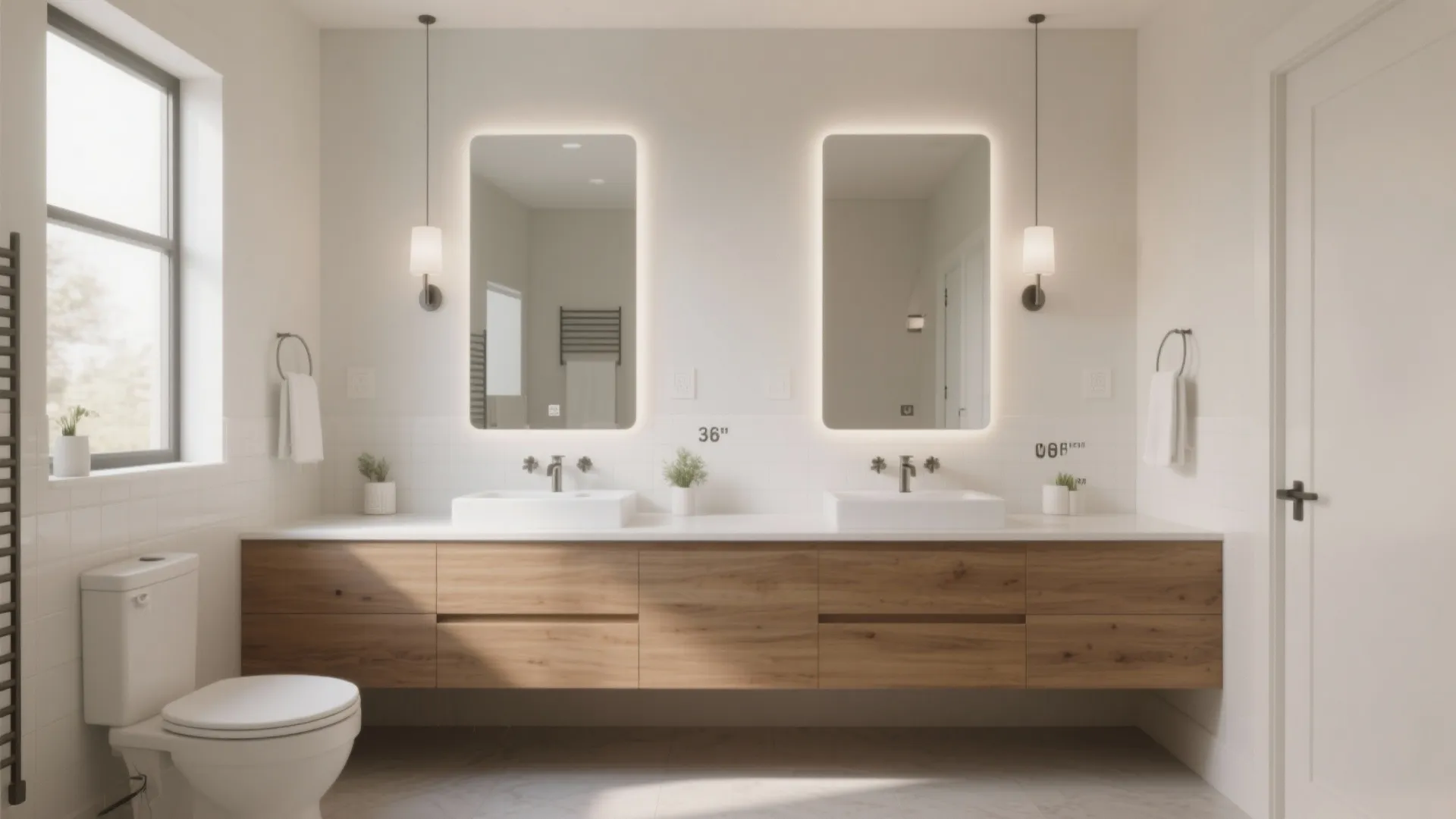 Bathroom interior design featuring double sinks with lighted mirrors and long wooden cabinet for storage