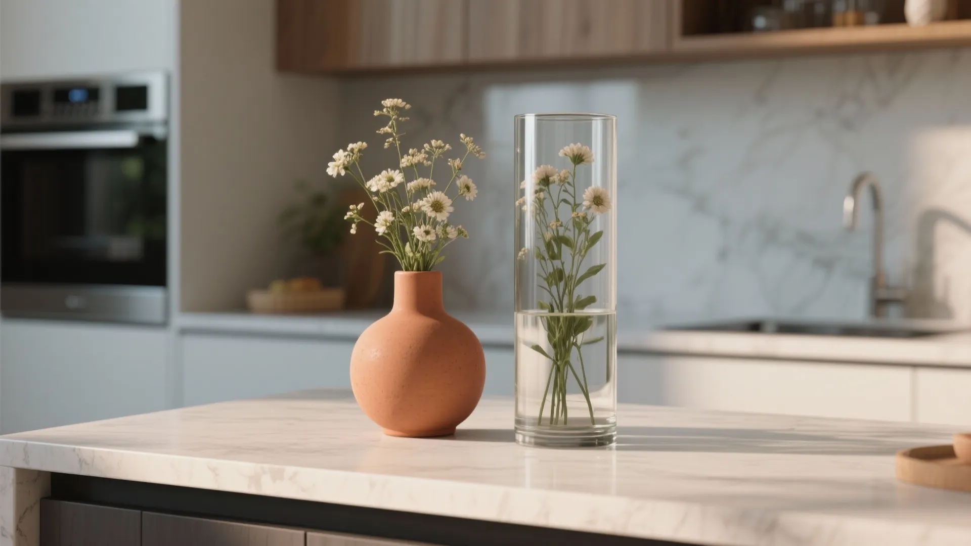 Double vase setup with different heights on kitchen island