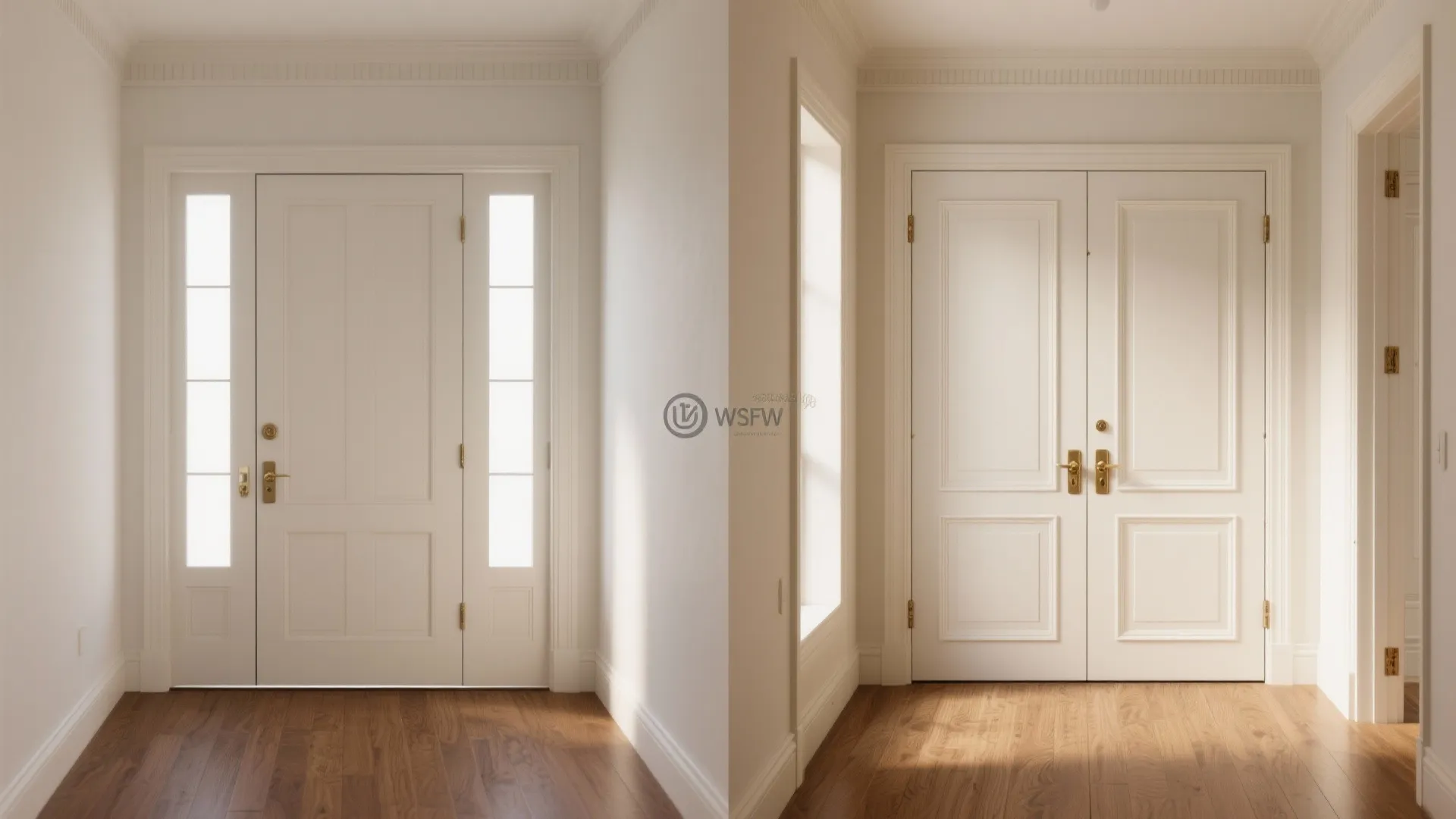 Comparison of single white front door with glass side panels and large white double doors