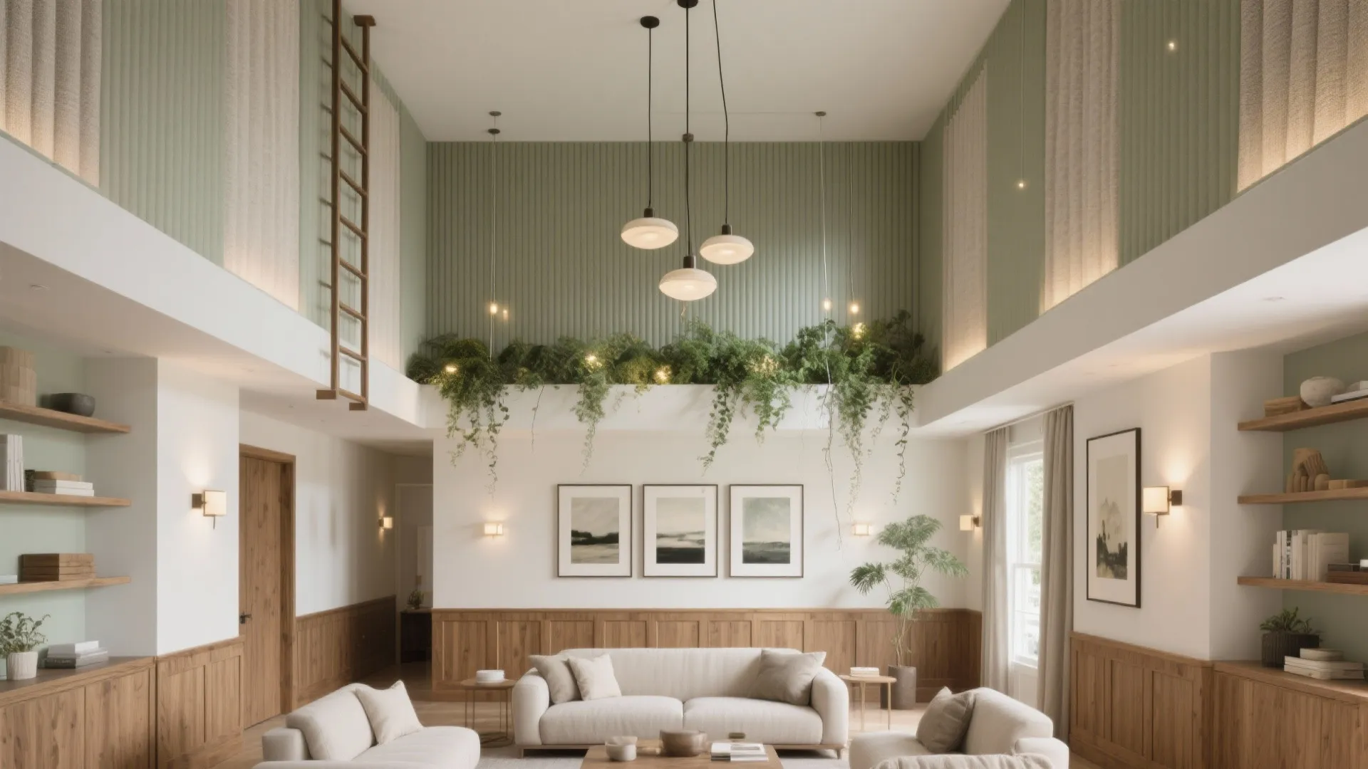 Modern high ceiling living room with white sofas green wall panel plants and three hanging lights
