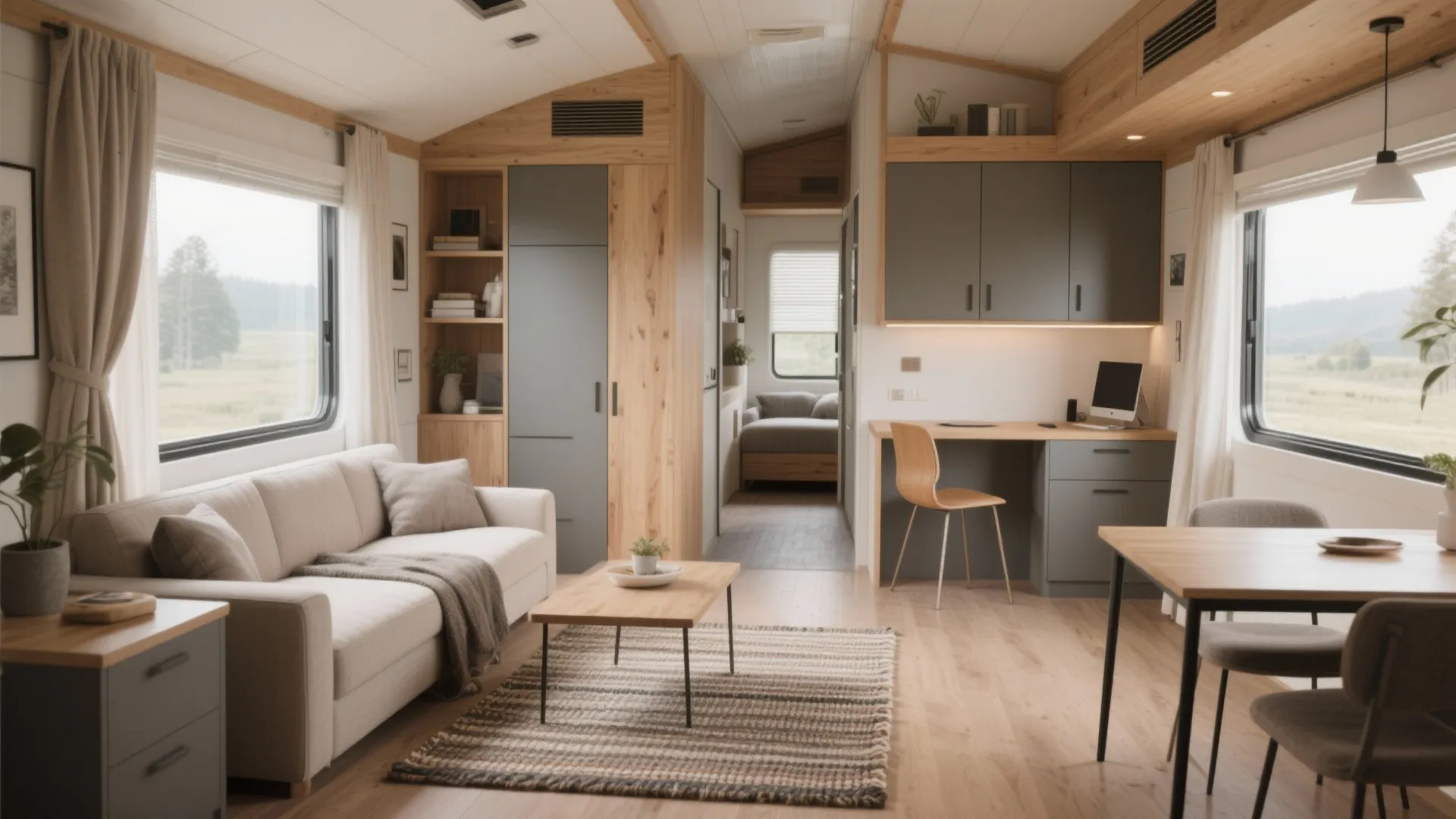 Spacious modern interior of a mobile home with sofa coffee table desk and kitchen area
