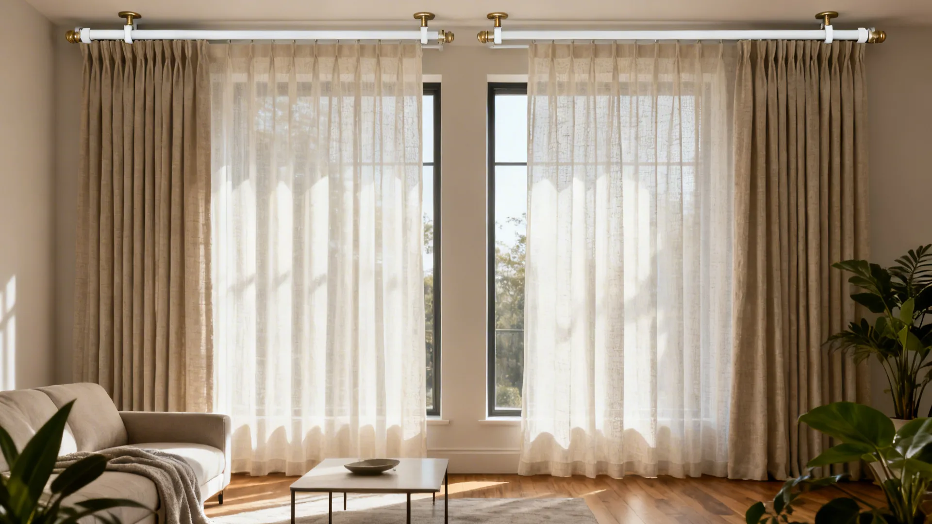 Sunny living room with beige curtains on two windows featuring a sofa and wood coffee table