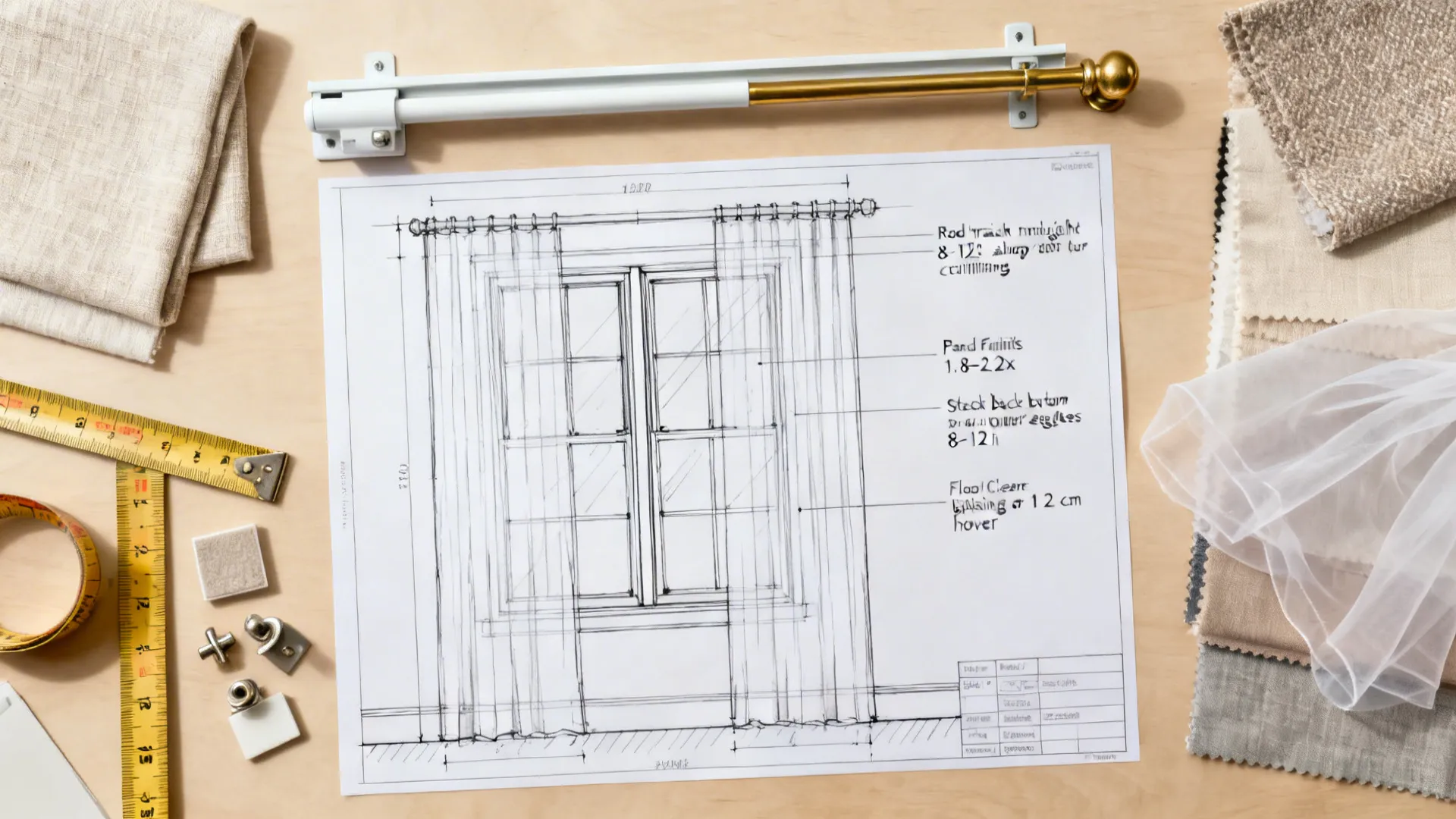 Interior design drawing of window curtains with fabric swatches, measuring tape, and a gold metal rod