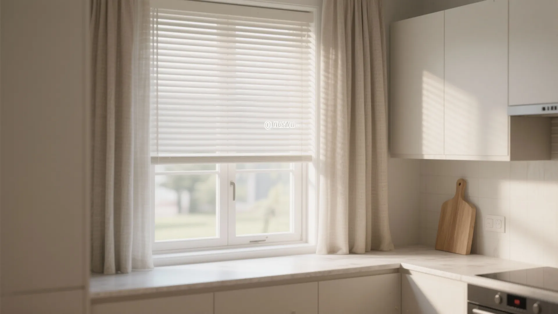 Layered blinds and light curtains on a corner kitchen window