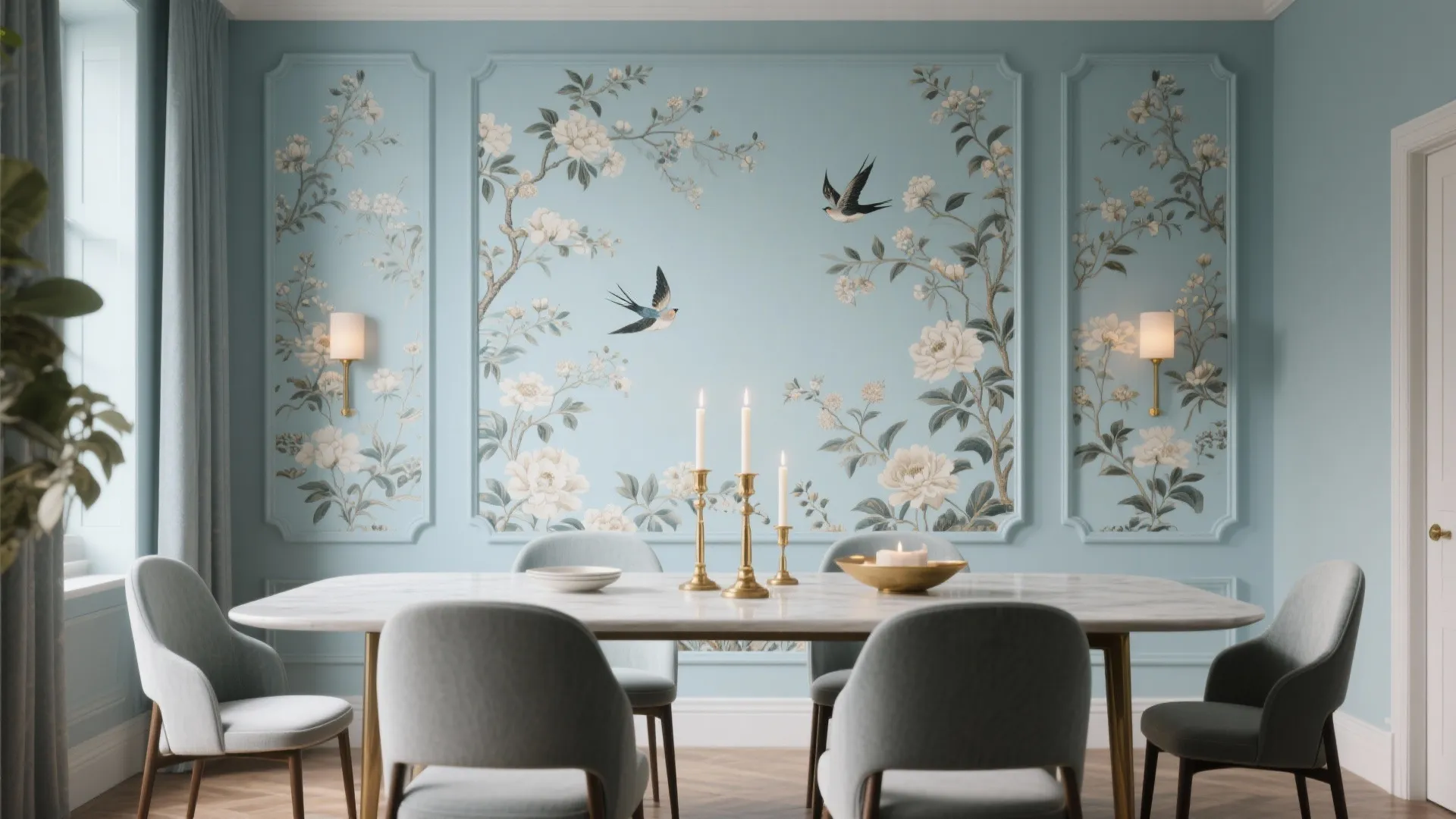 Elegant dining room featuring blue floral wallpaper panels grey chairs marble table and gold candle decor