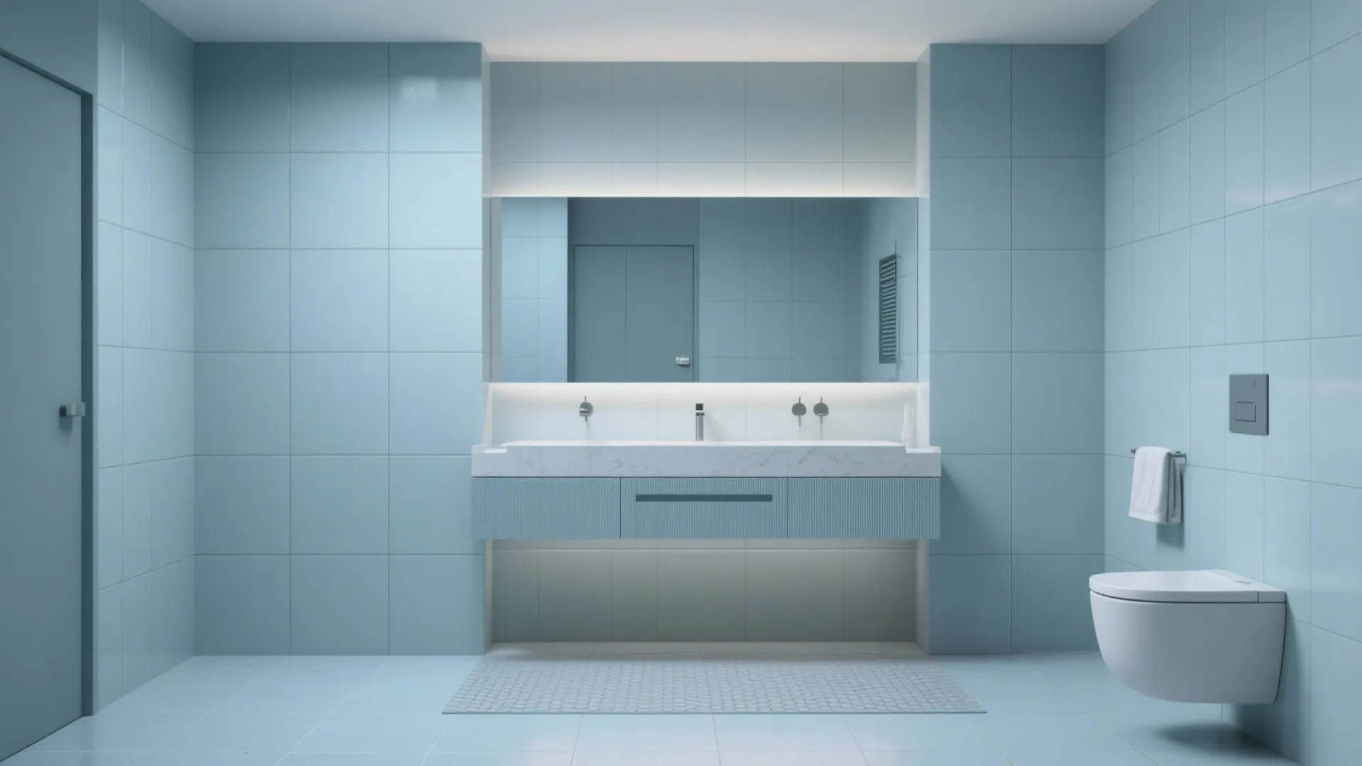 4. Matte dove-blue large-format tiles for a seamless look