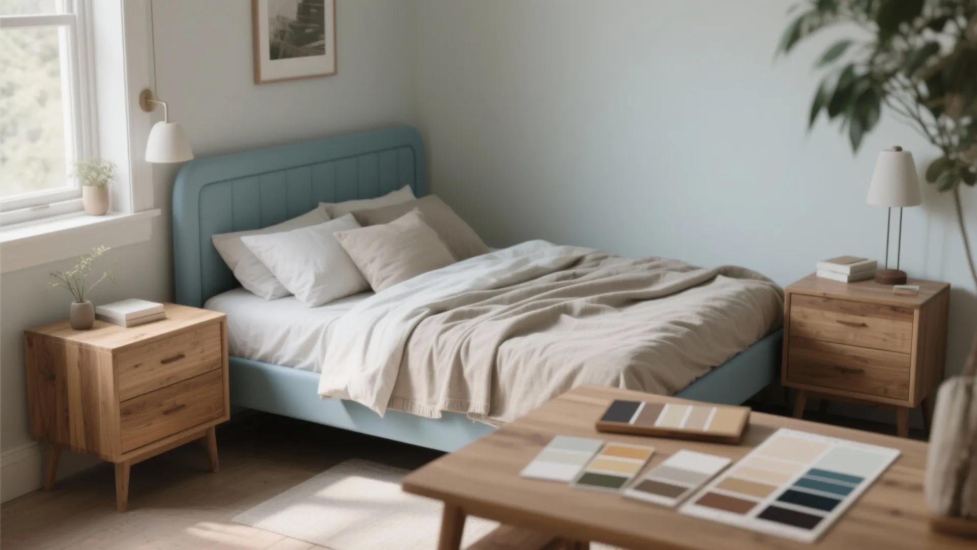 1. Soft dove blue with warm wood