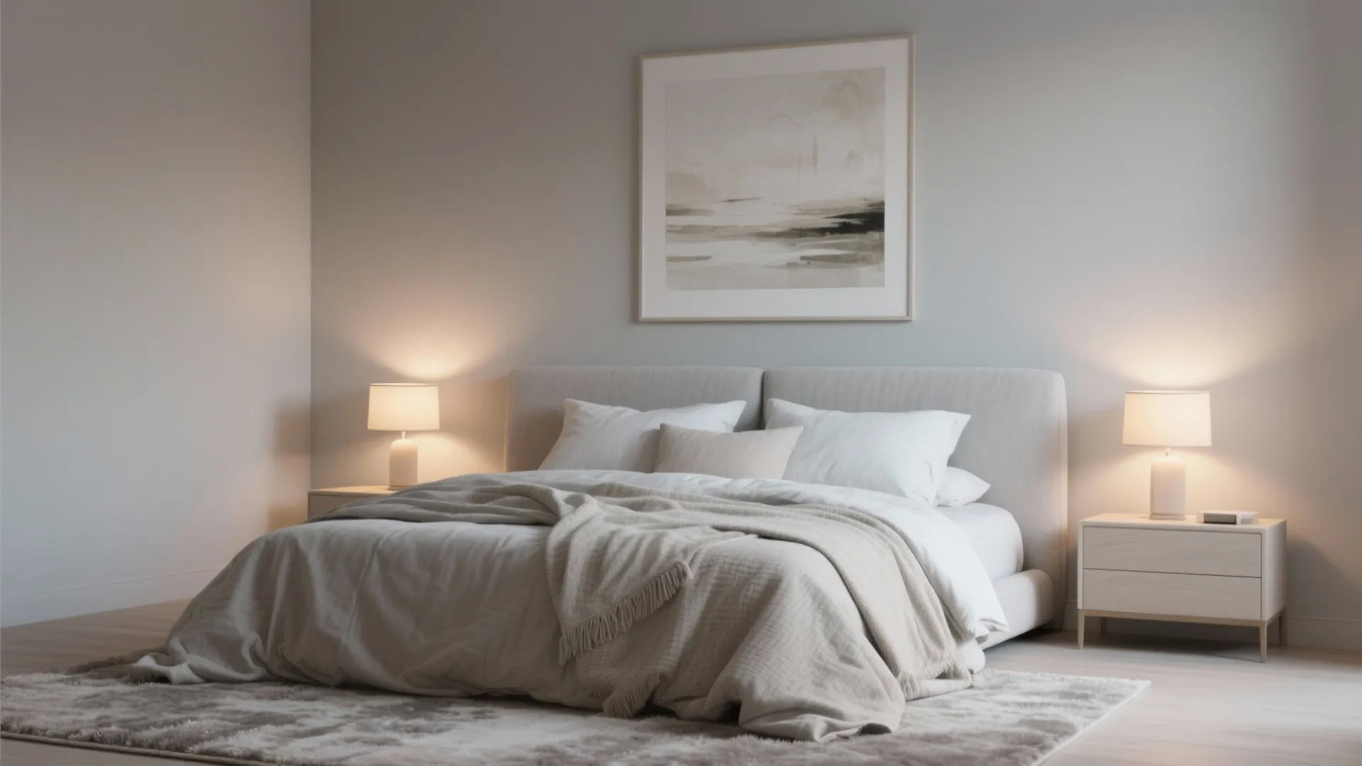 Minimalist bedroom with gray walls comfortable bed side tables small lamps and framed wall art