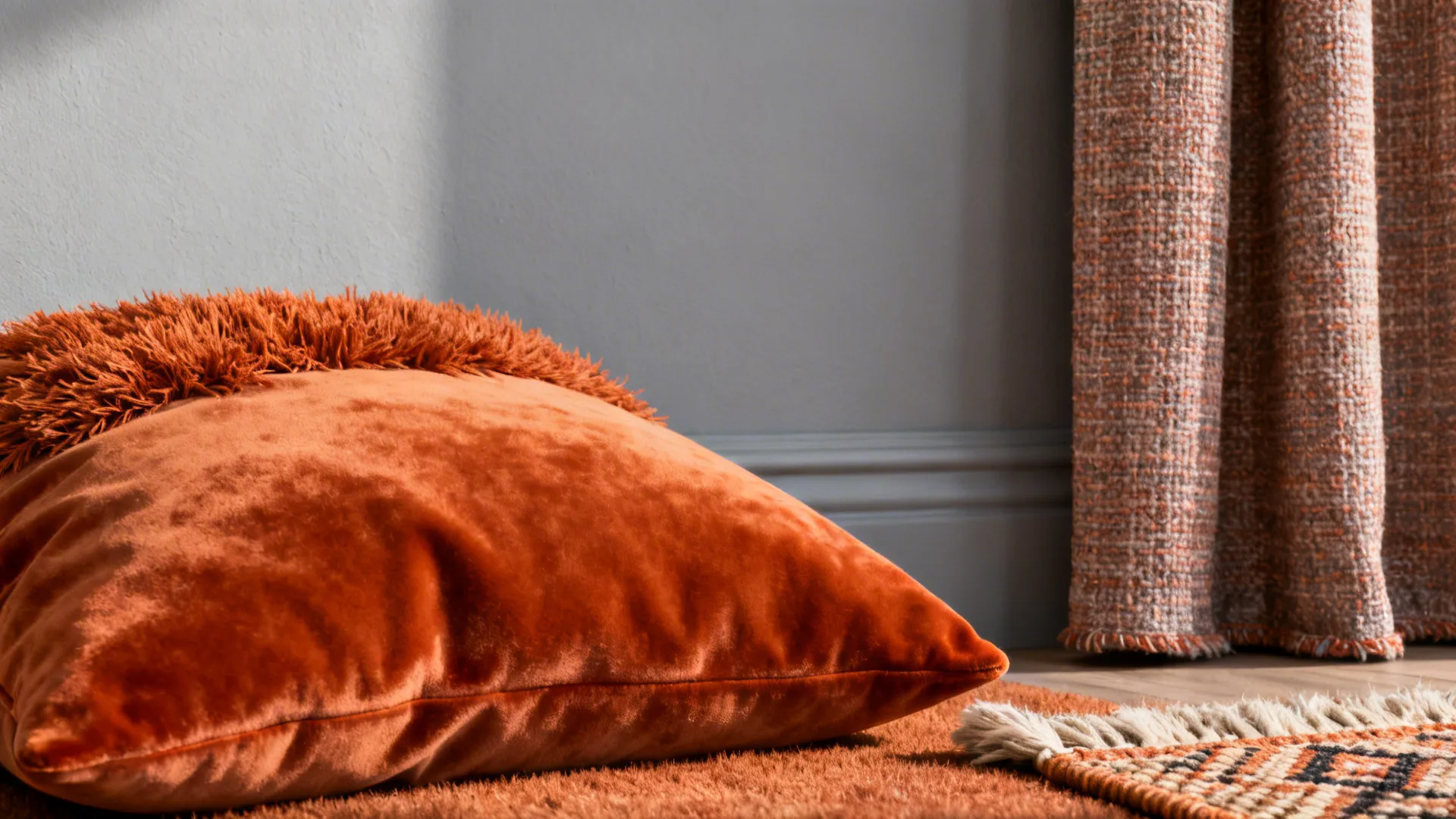Close-up of dove gray wall with burnt orange velvet pillow and wool rug textures.