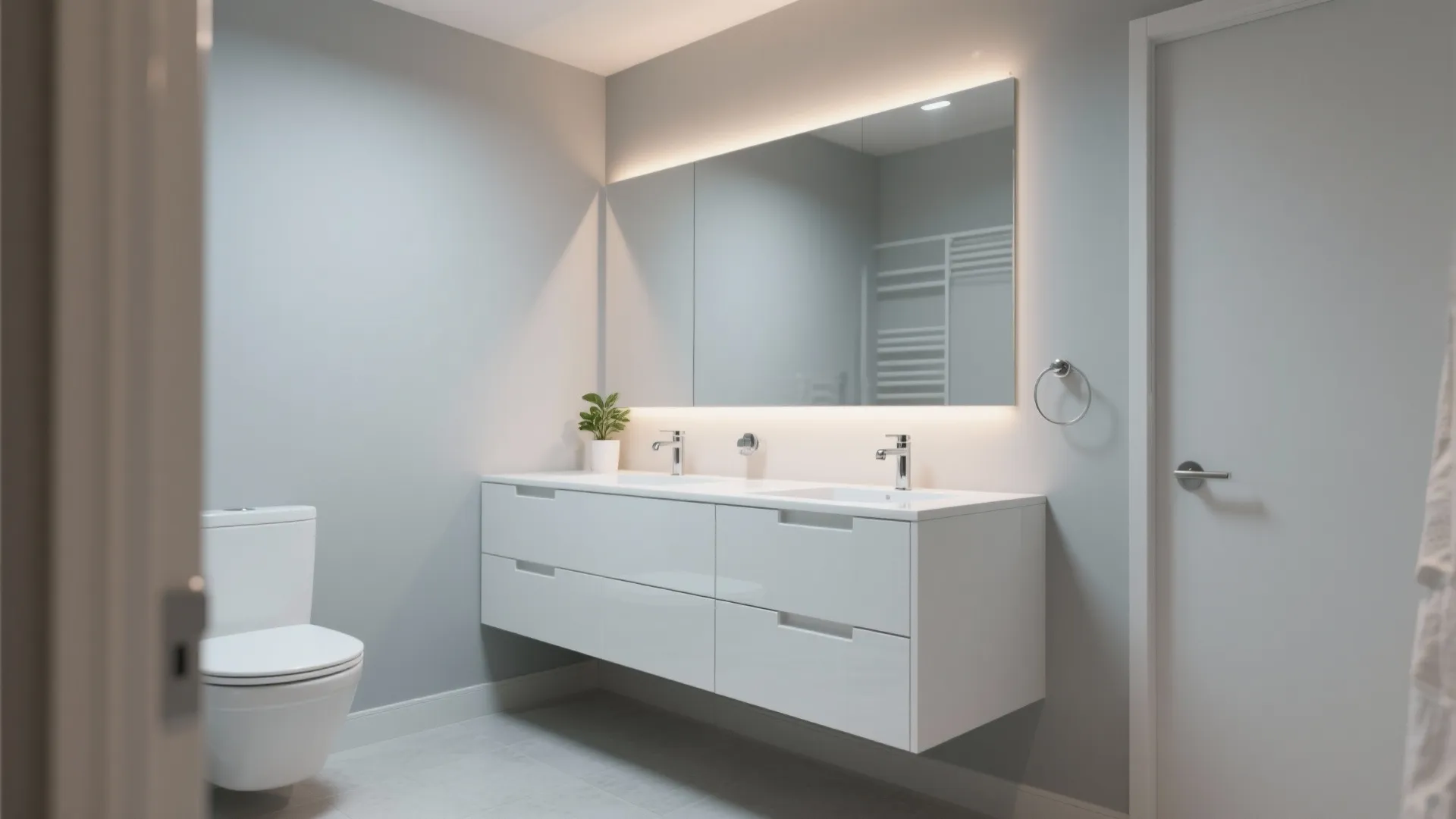 1. Soft dove gray walls with a sleek white floating vanity