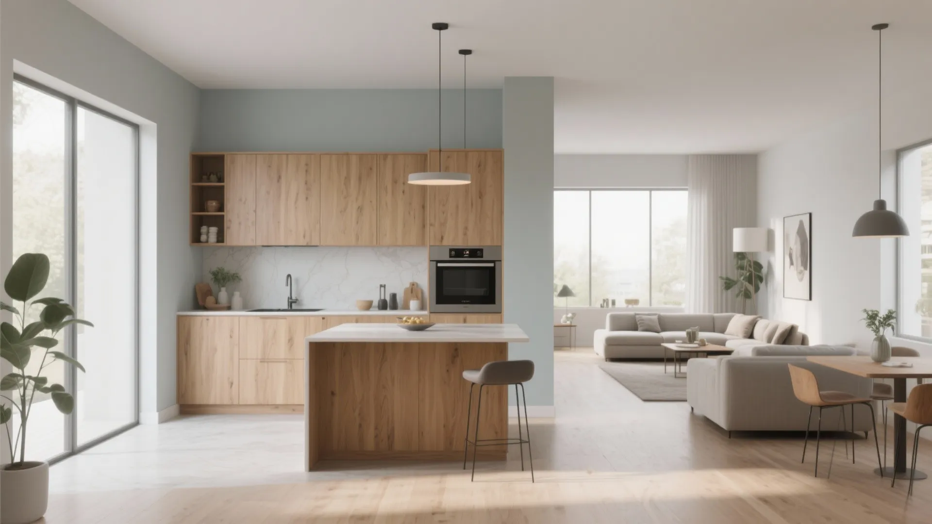 Open-plan kitchen with beech cabinets and dove gray walls