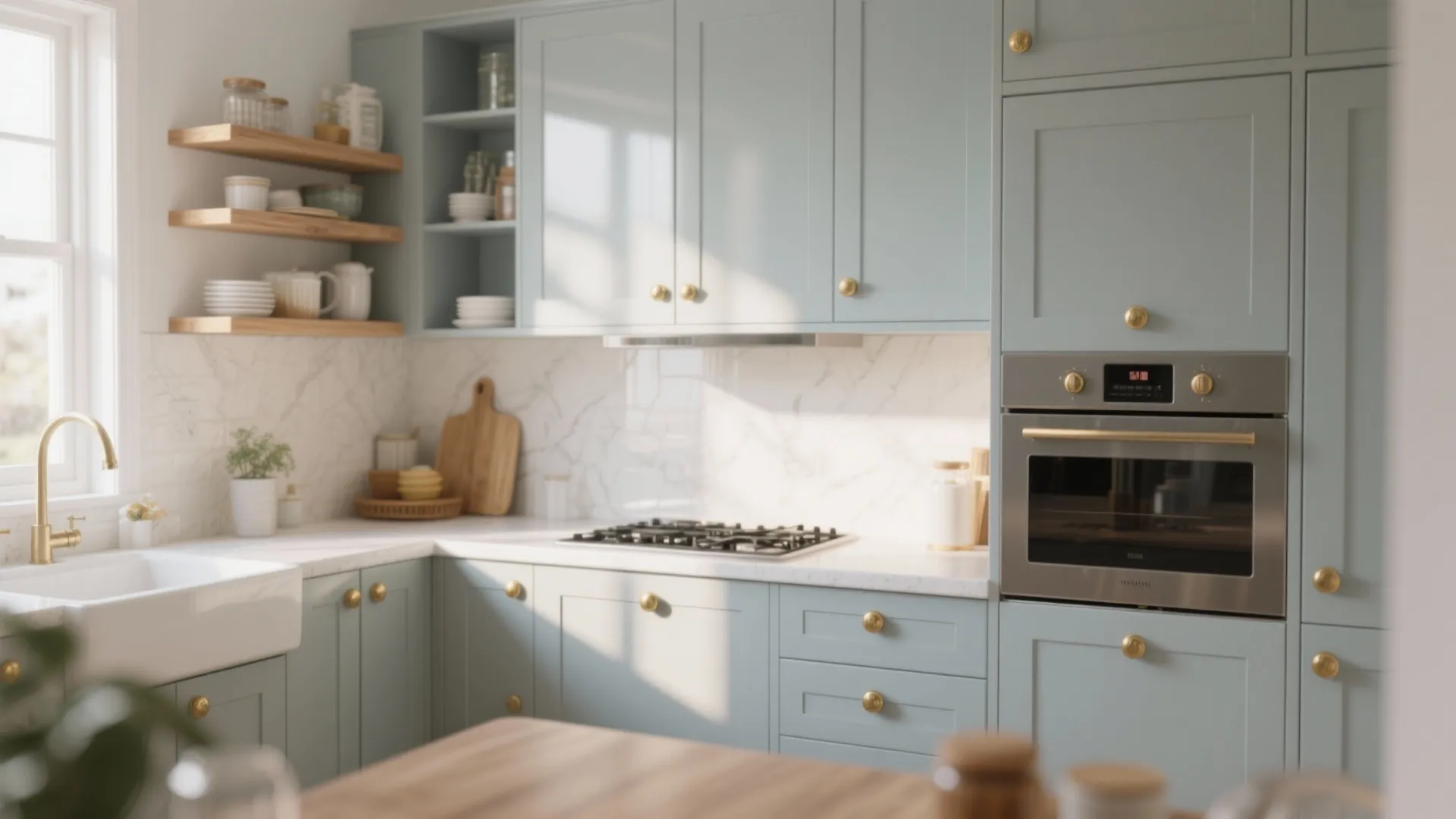 2. Soft dove gray with matte gold knobs