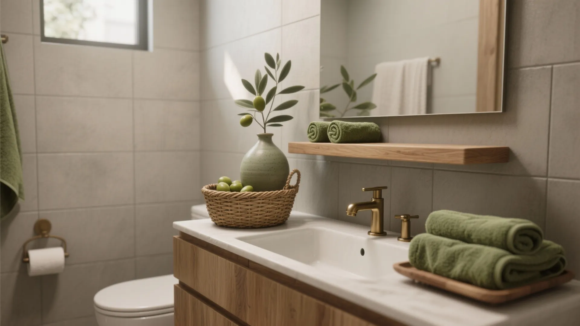 Modern bathroom with wooden cabinet white sink green towels olive plant in basket and grey tiles