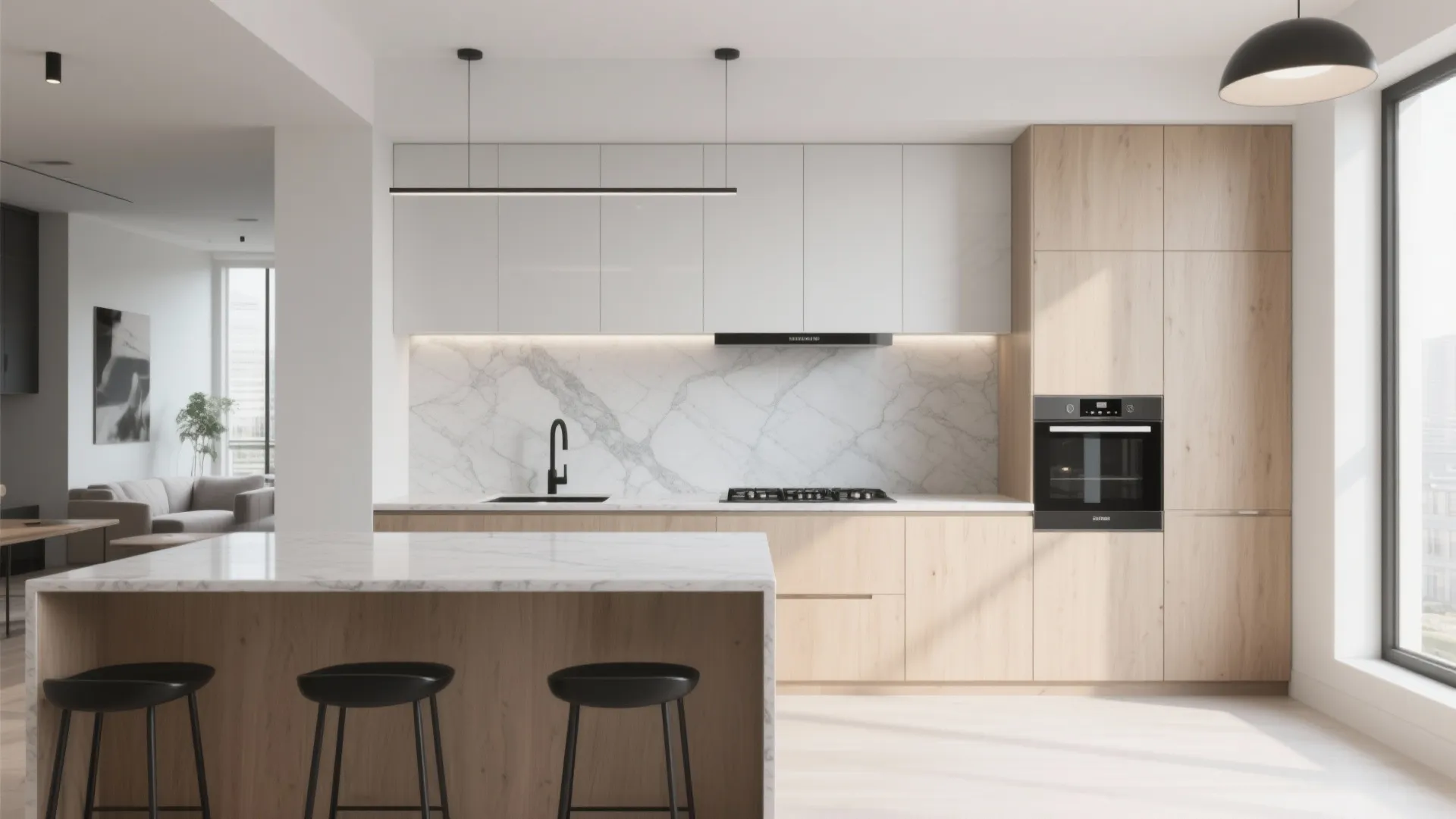 Open-plan kitchen with polished dove-gray large-format slab backsplash and light oak cabinets.