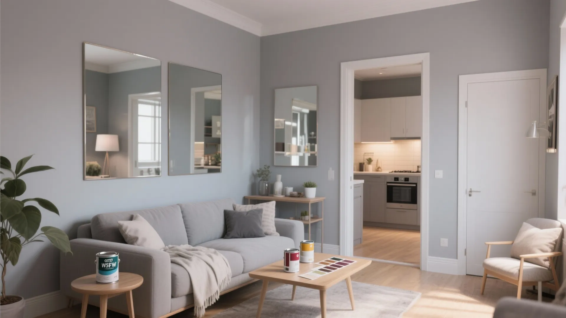 Grey living room with light wood coffee table mirrors and an open view into kitchen area