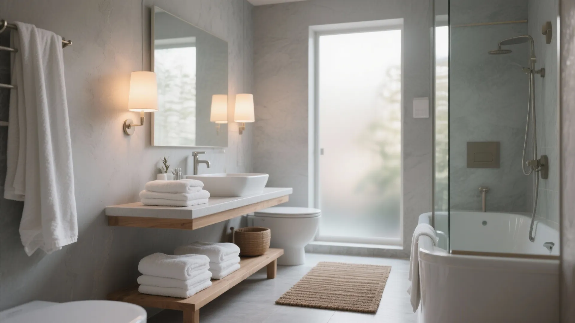 Soft dove gray bathroom with spa-like calm and white towels