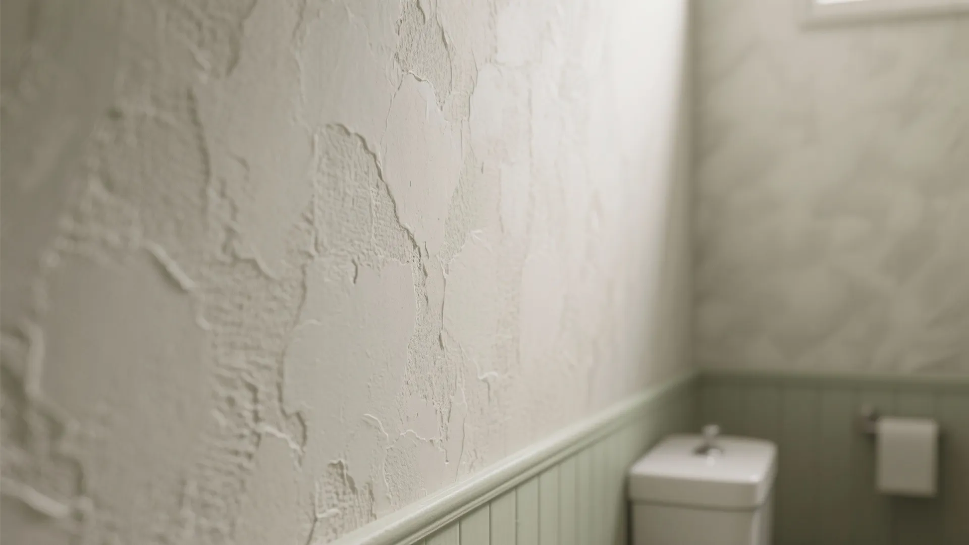 Macro view of dove-gray textured wallpaper resembling lime wash plaster