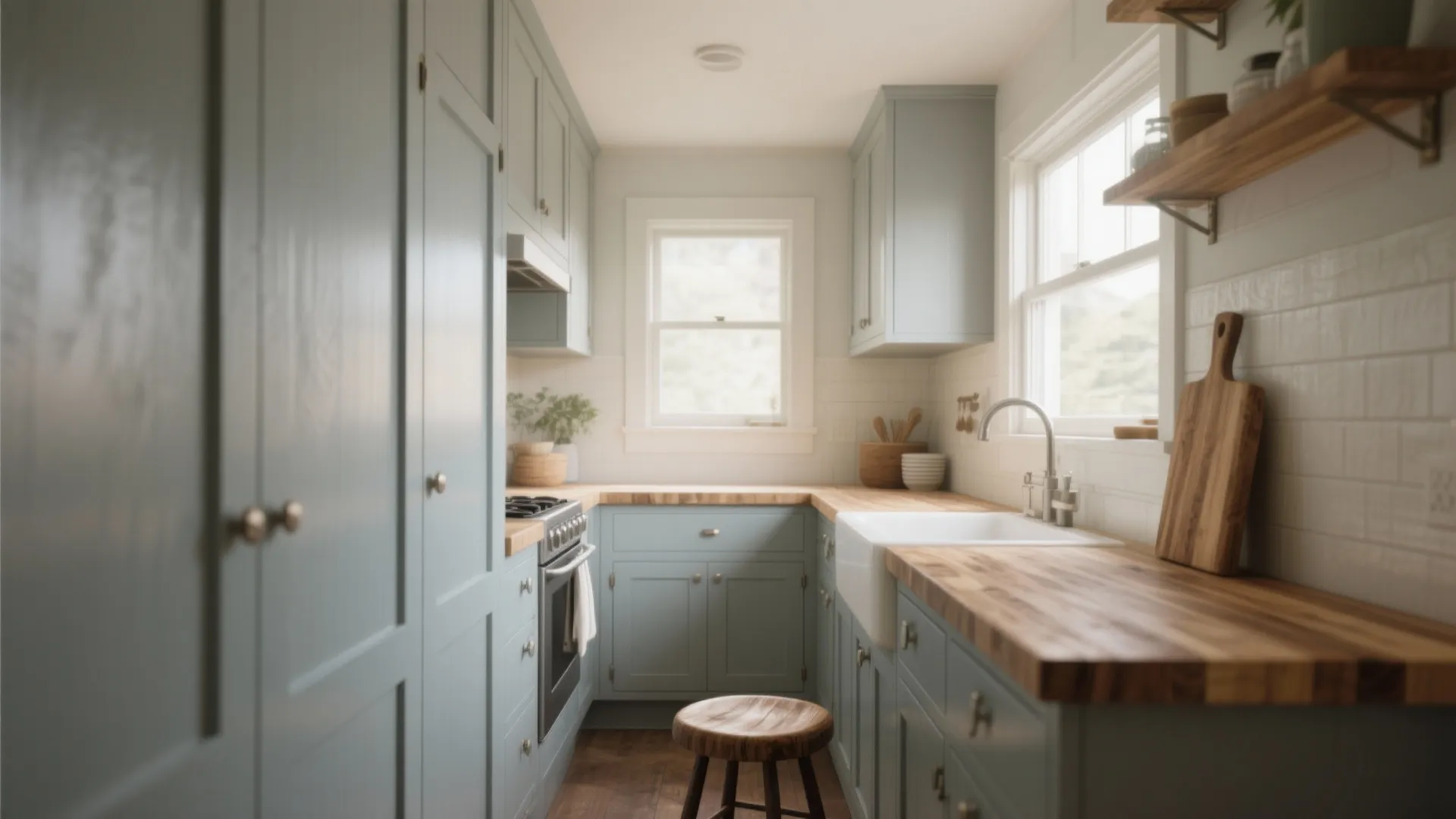 Small kitchen with dove-gray cabinets and warm butcher-block countertop