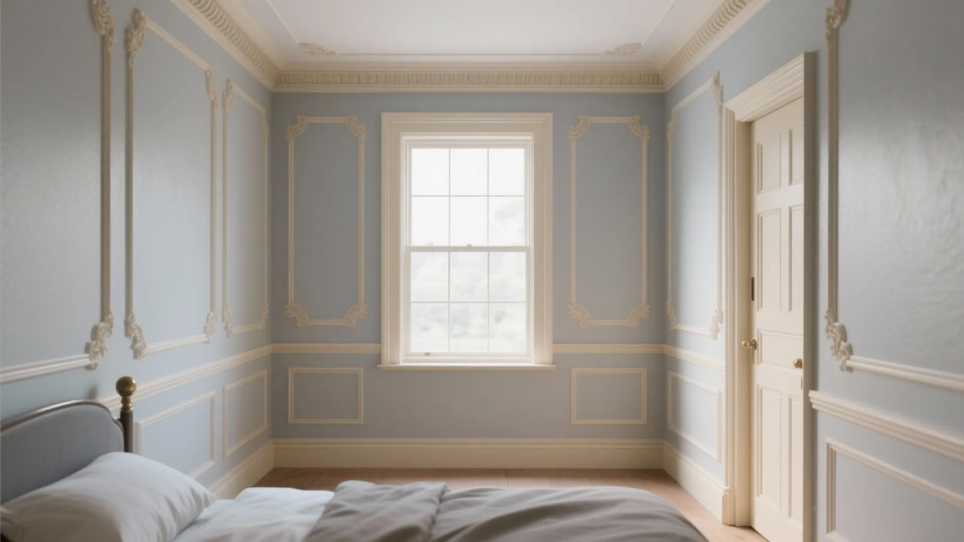 Classic light blue bedroom featuring cream wall panel details a white door and wood flooring