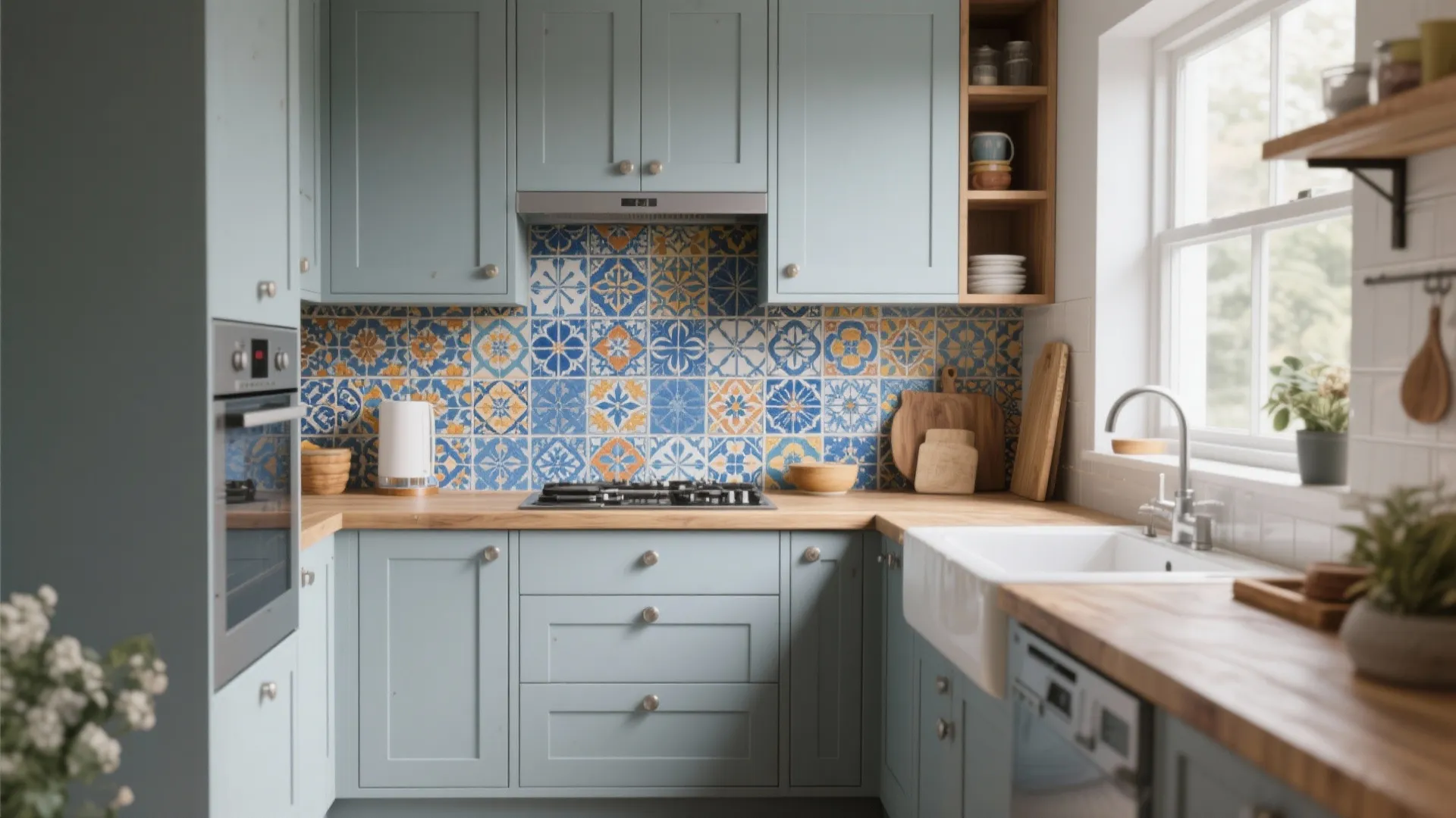 5. Soft Dove Grey with Contrasting Backsplash