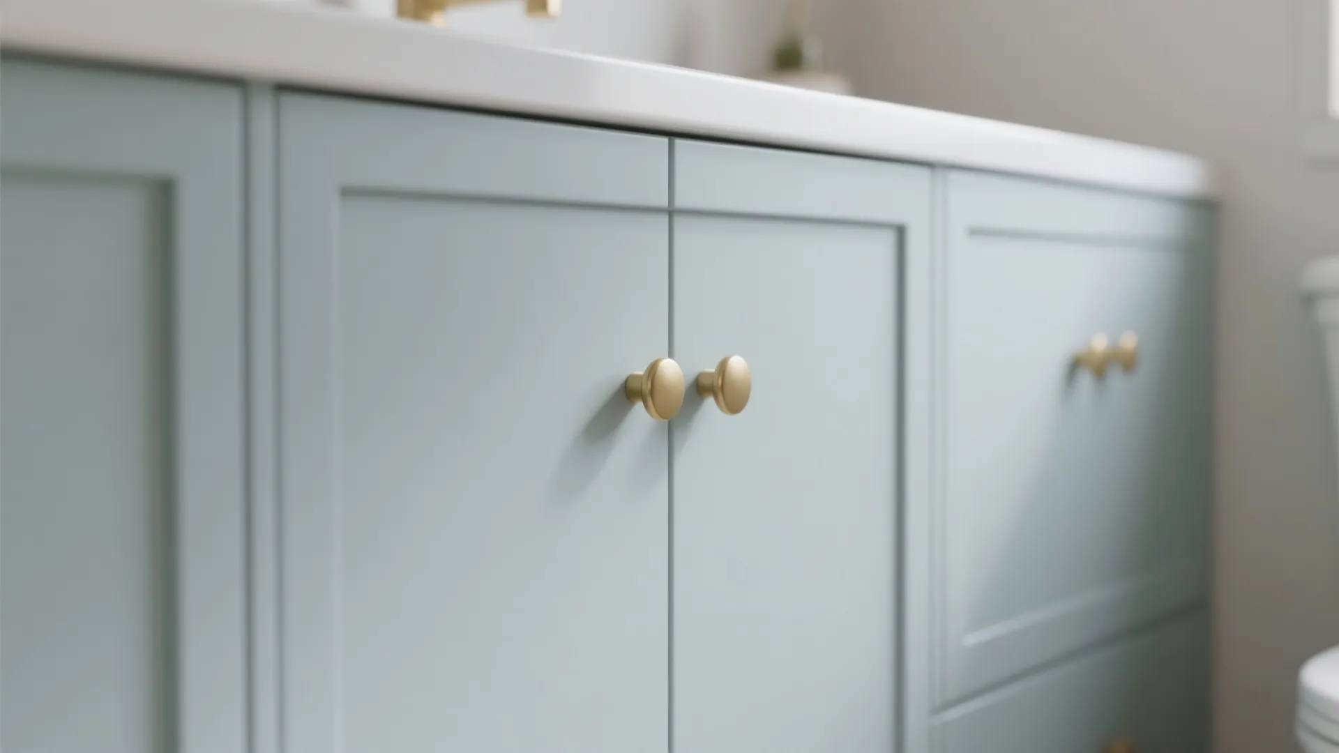 Close up view of light blue bathroom cabinet doors featuring small round gold door knobs