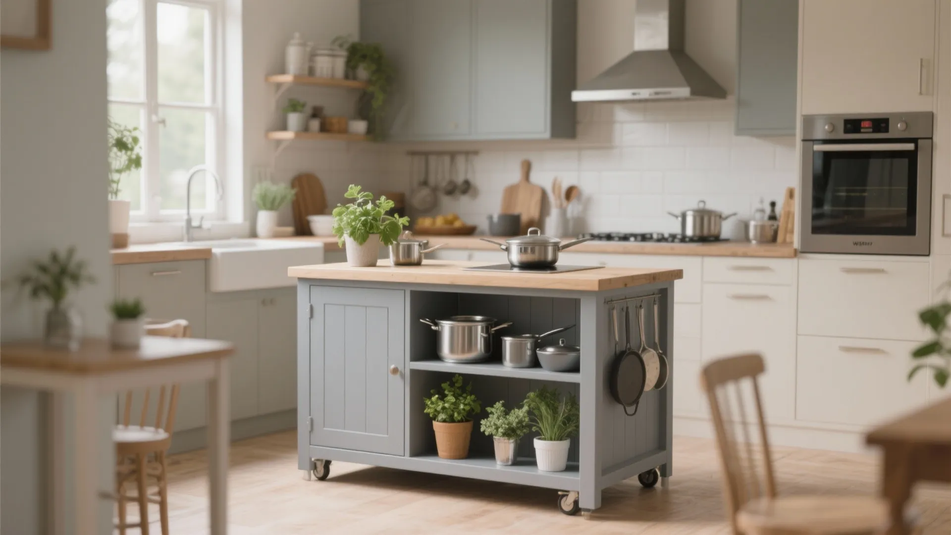 Grey kitchen island with wheels holding pots and green plants in a bright modern kitchen room