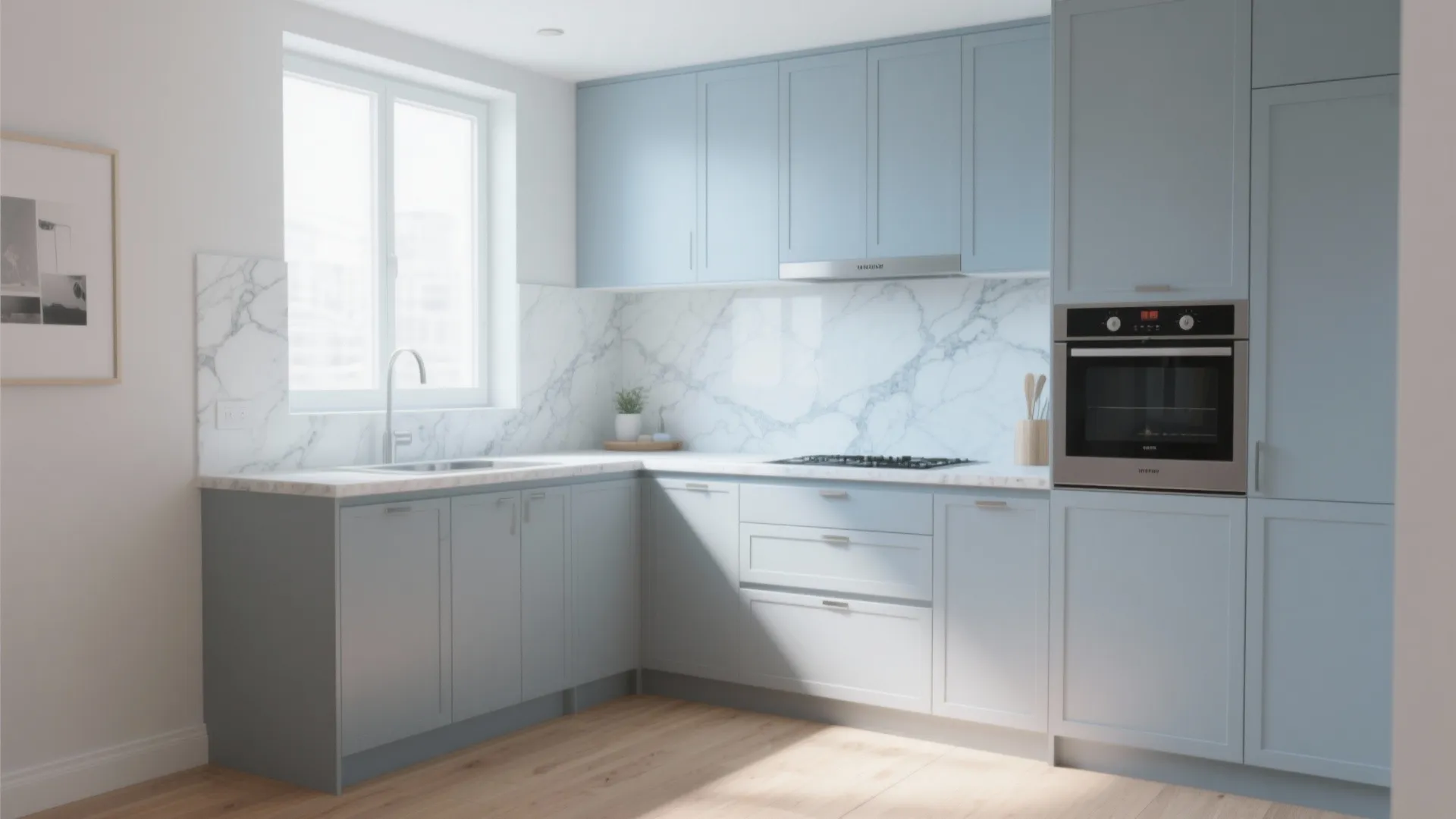 Light blue kitchen cabinets with marble walls wooden floor sink and built in oven window