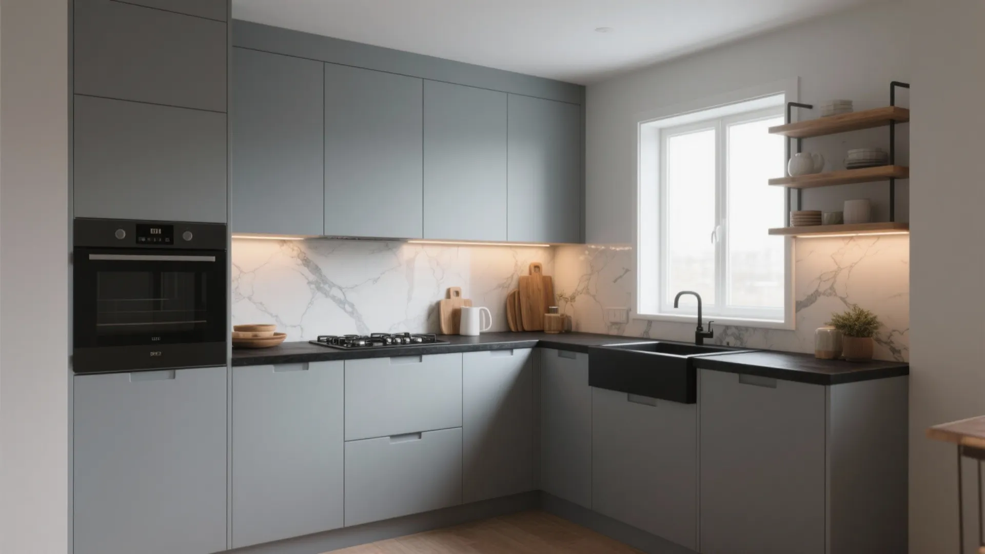 Modern grey kitchen featuring marble backsplash black sink built-in oven and open wooden wall shelves