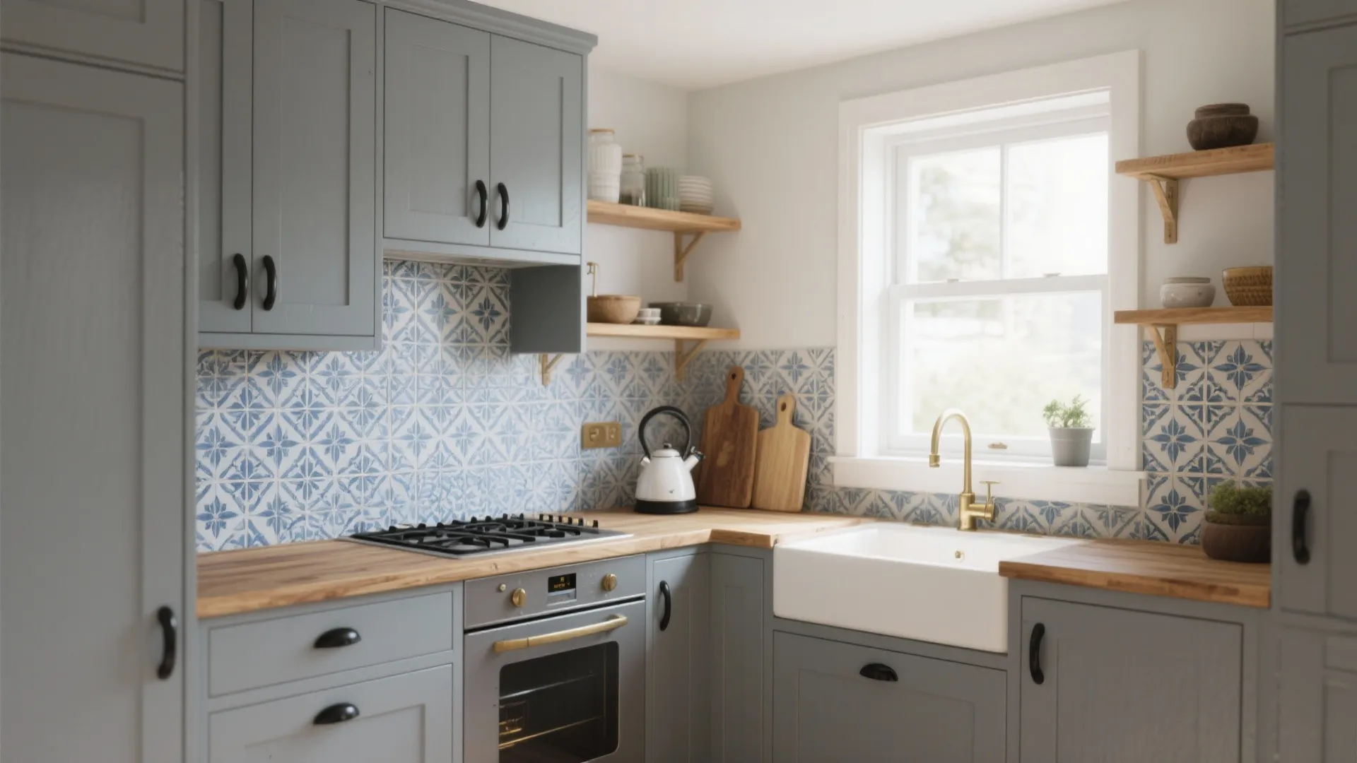 Modern kitchen with grey cabinets blue pattern wall tiles wood countertop white sink and brass faucet
