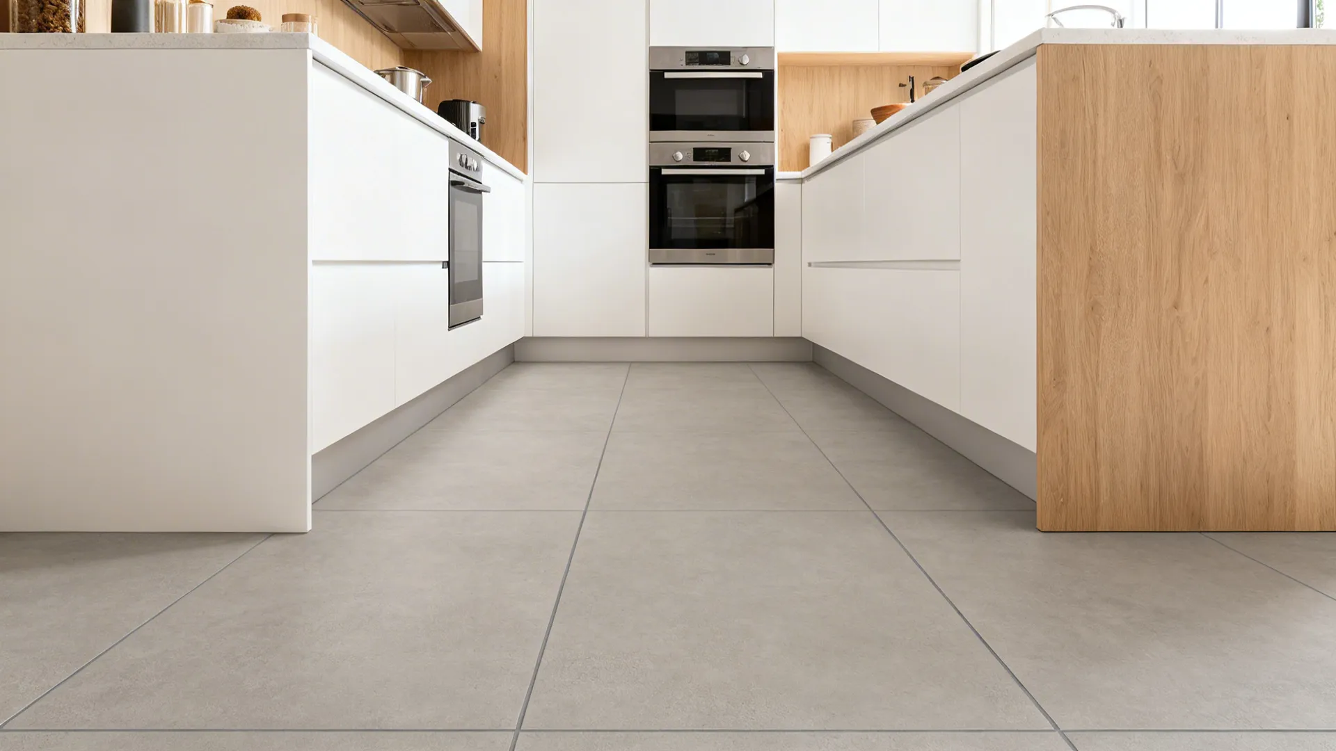 Galley kitchen featuring soft dove grey 24x24 matte porcelain tiles with minimal grout lines.