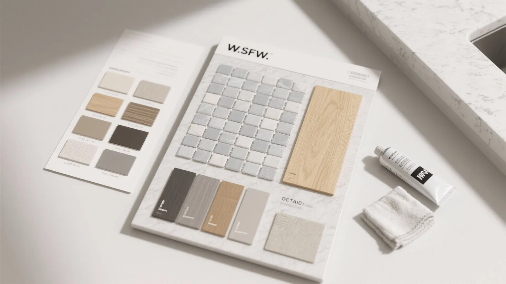 Interior design material board with grey mosaic tiles wood samples and various small color swatches