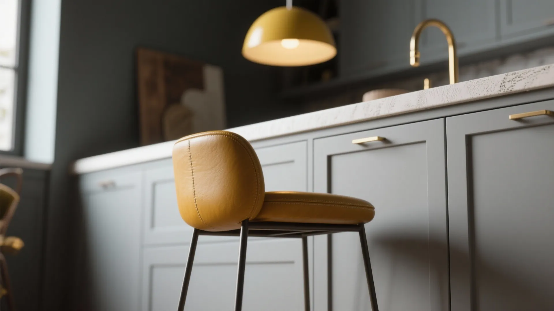 Close up of yellow leather bar chair next to grey kitchen cabinet with gold water tap