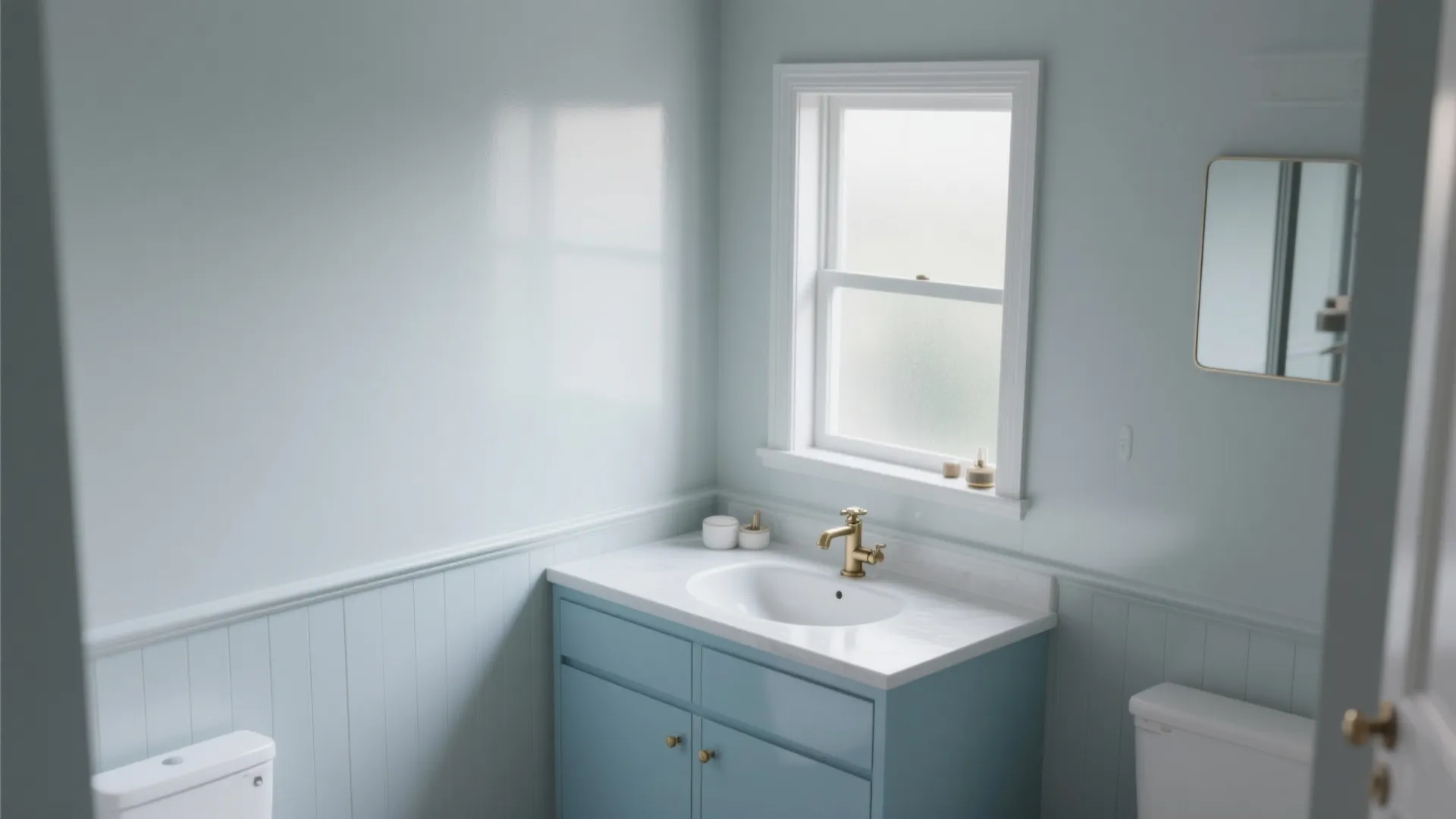 1. Soft dove grey walls + powder-blue vanity