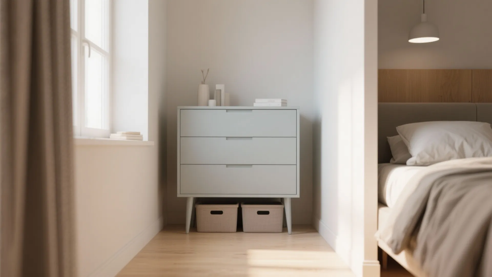 2. Light dove-grey dresser with slim legs