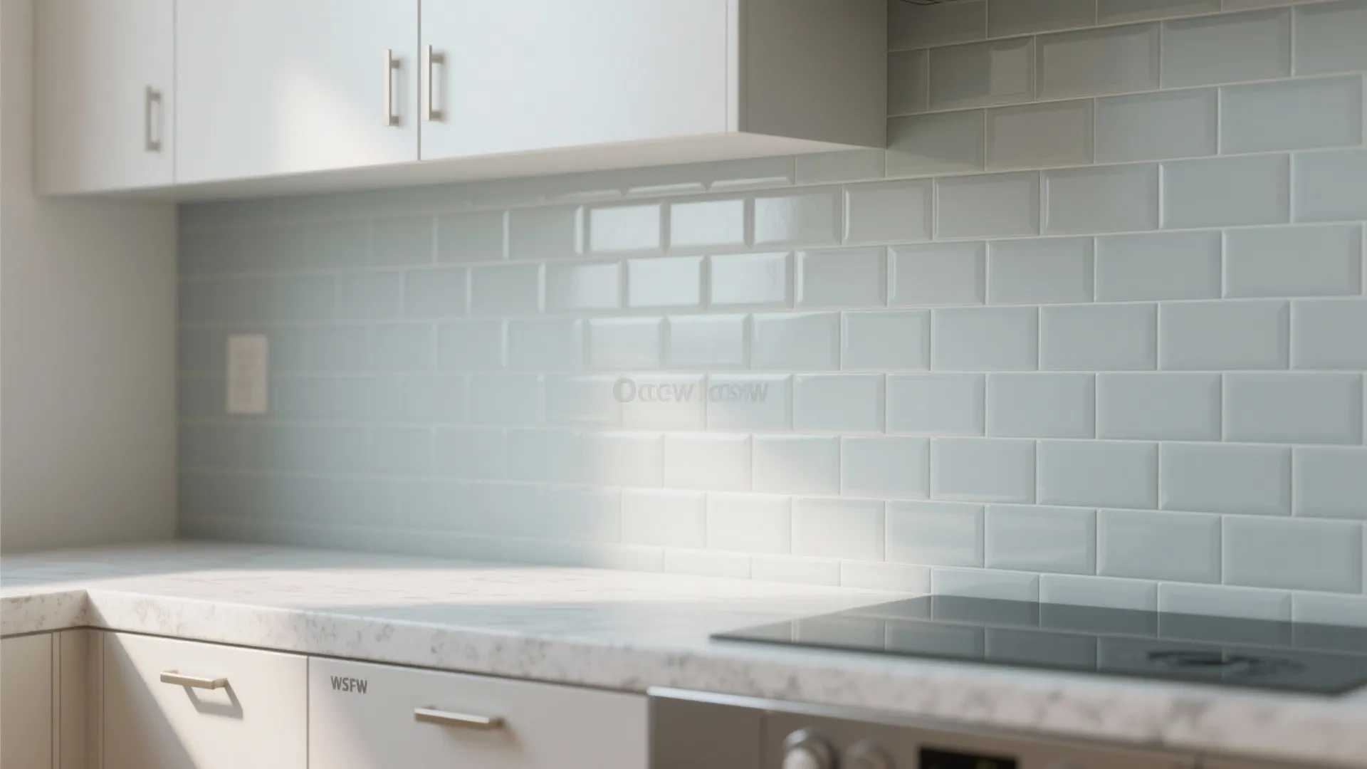 Pale dove-grey subway tile backsplash with pale grout in a compact kitchen