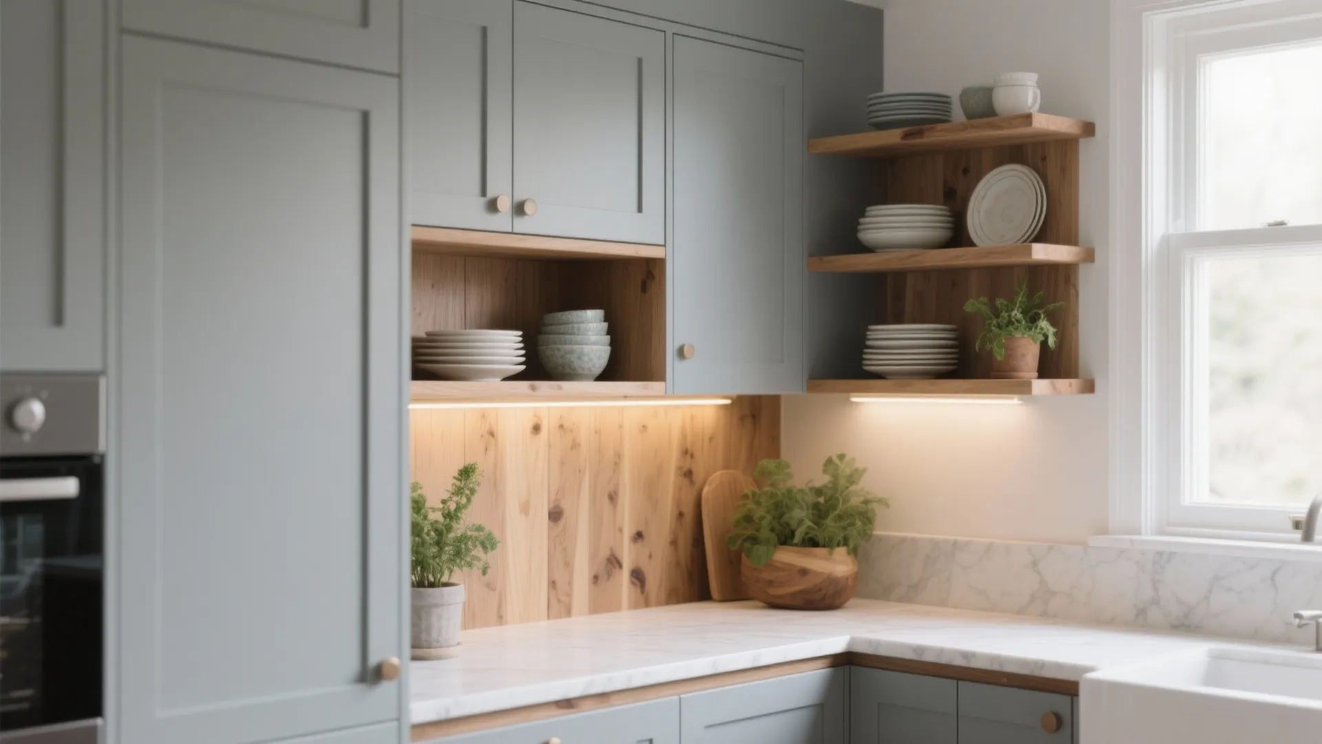 1. Soft Dove Grey with Warm Wood Accents