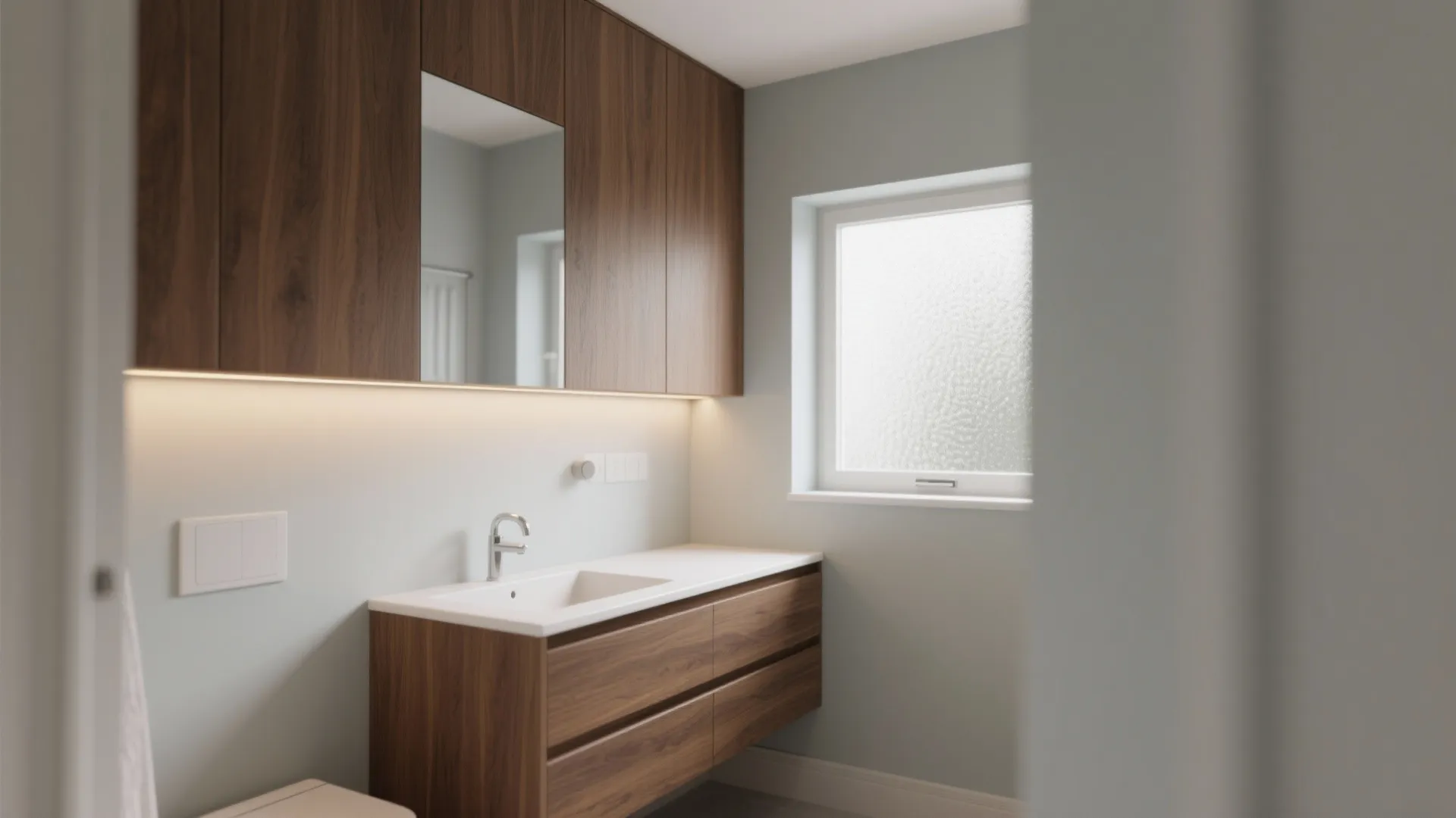 1. Soft dove grey with warm wood accents