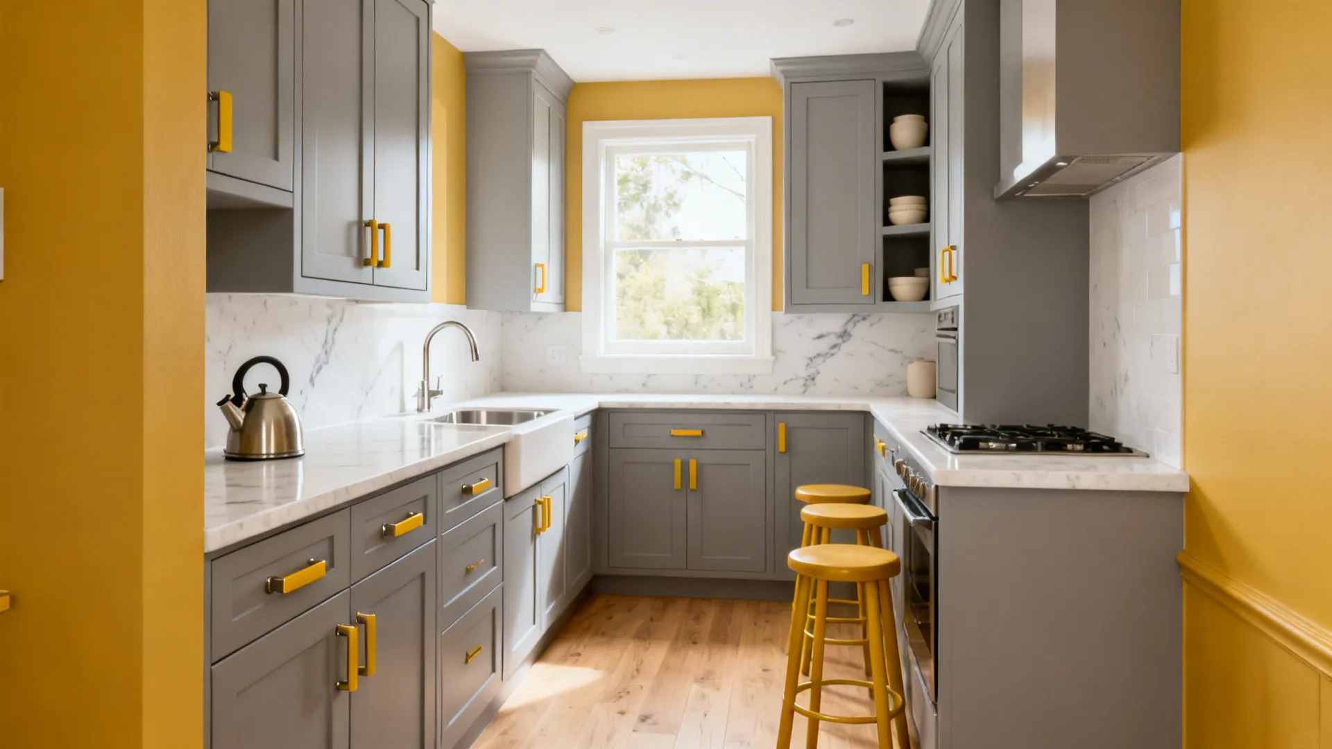Soft Dove Grey Cabinets + Mustard Accents