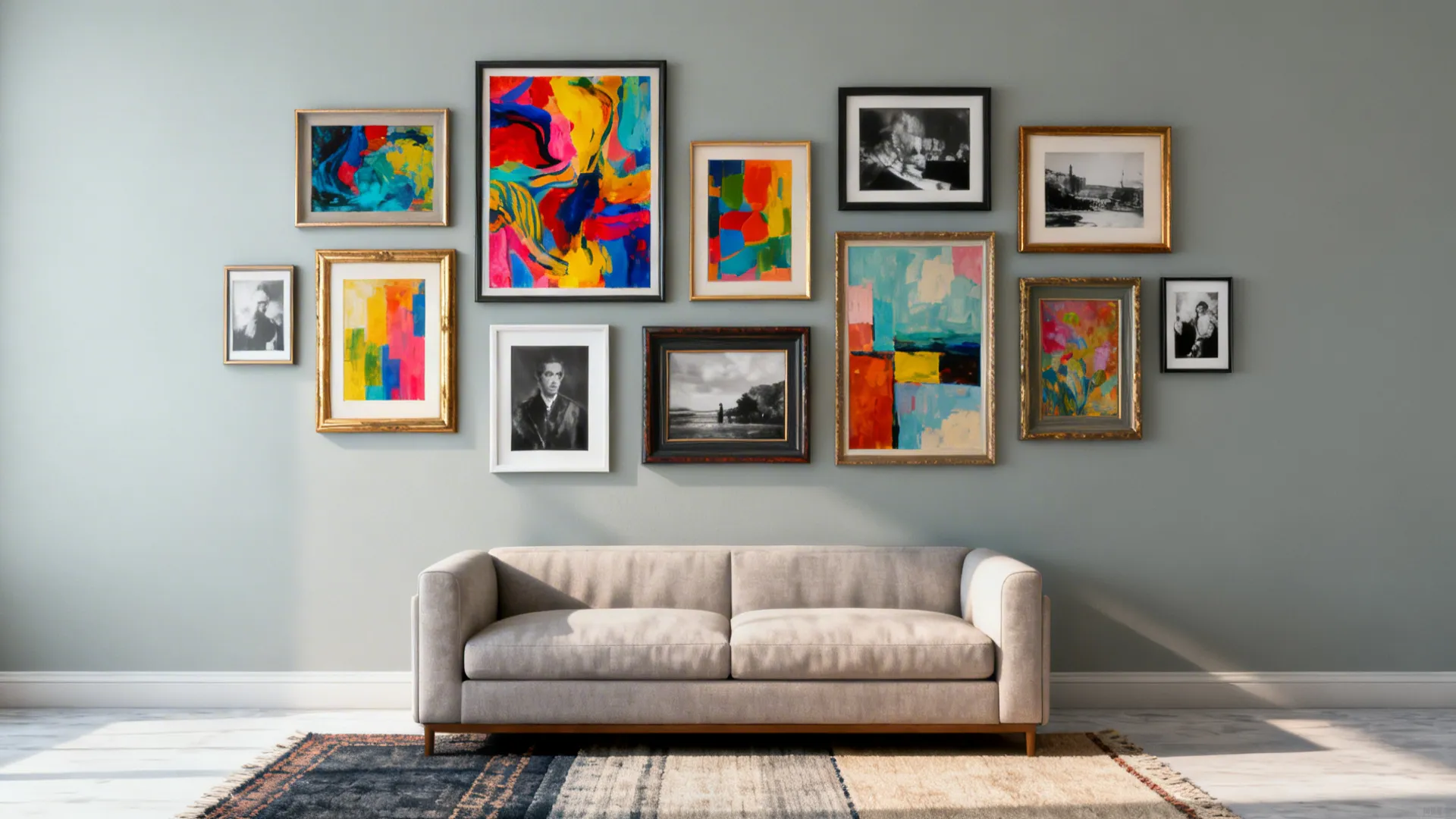 Soft dove grey wall with a colorful gallery of mismatched frames above a simple sofa.