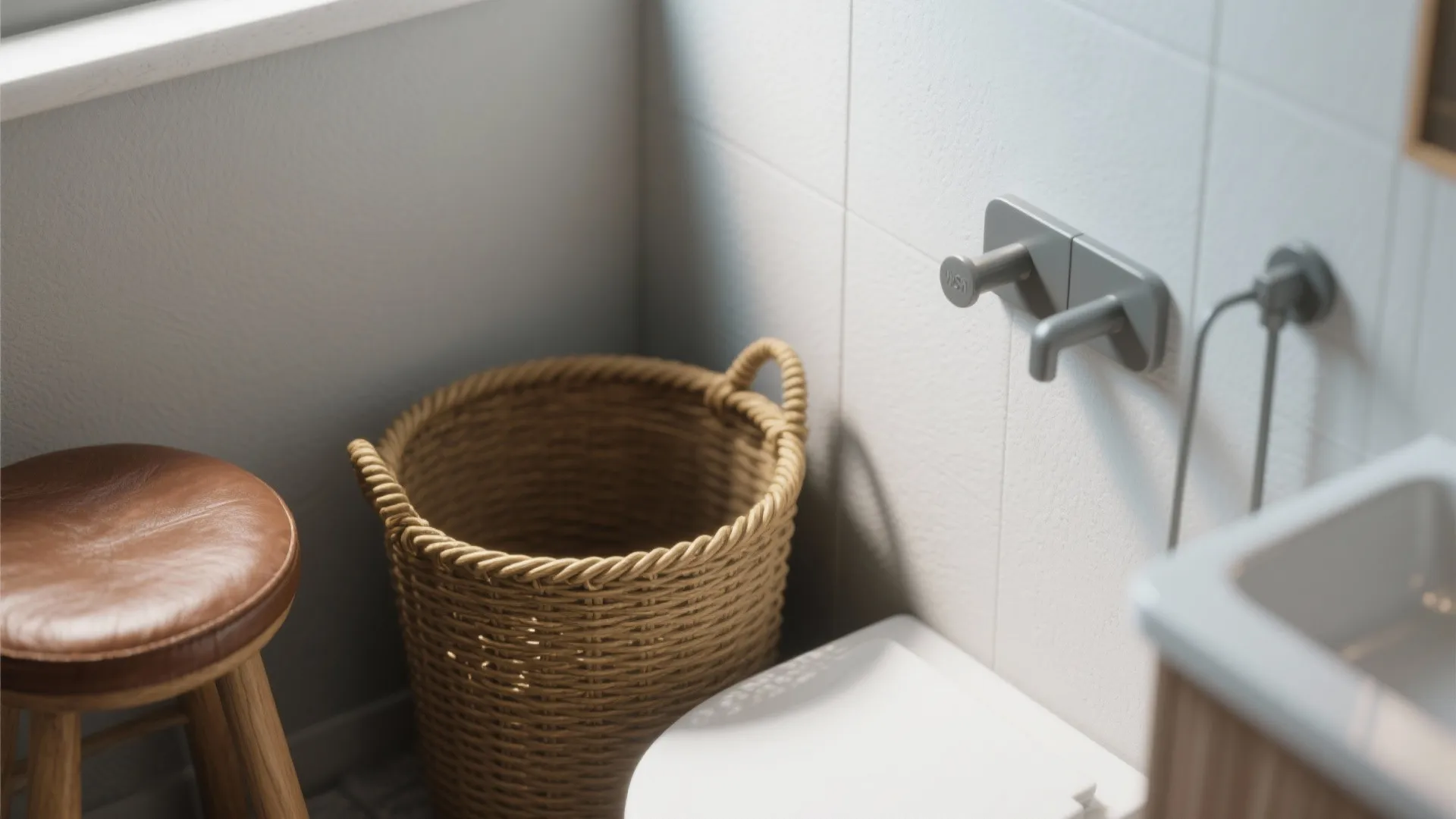 Bathroom corner with woven laundry basket leather stool white wall hooks and white wall tiles