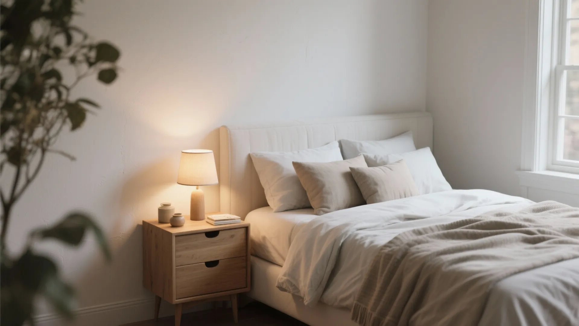 Minimalist bedroom with white bedding a wooden nightstand table lamp soft pillows and natural light